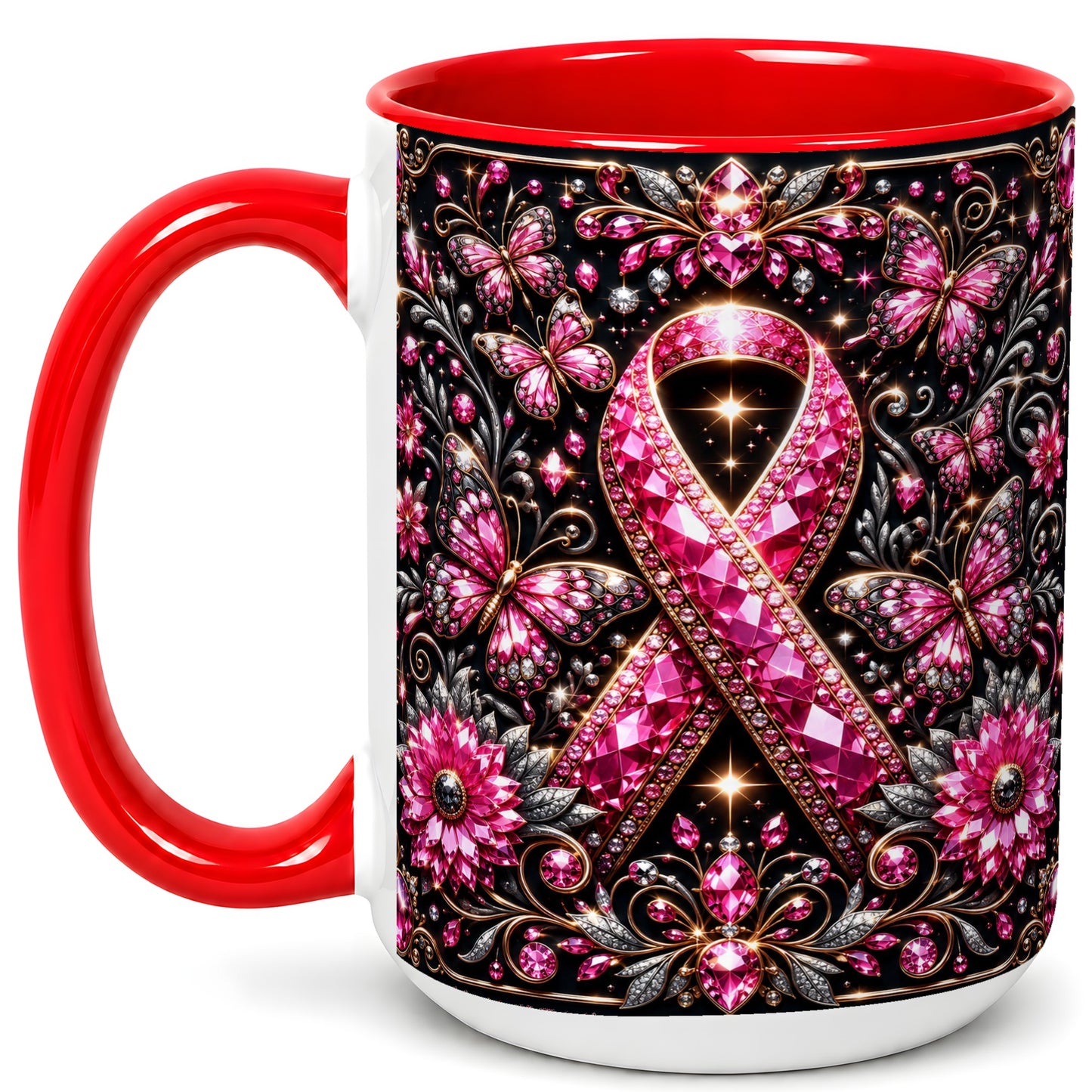 #pl[15oz|Red] Breast Cancer Awareness Coffee Mug, Pink Ribbon Mug, Ceramic Cup