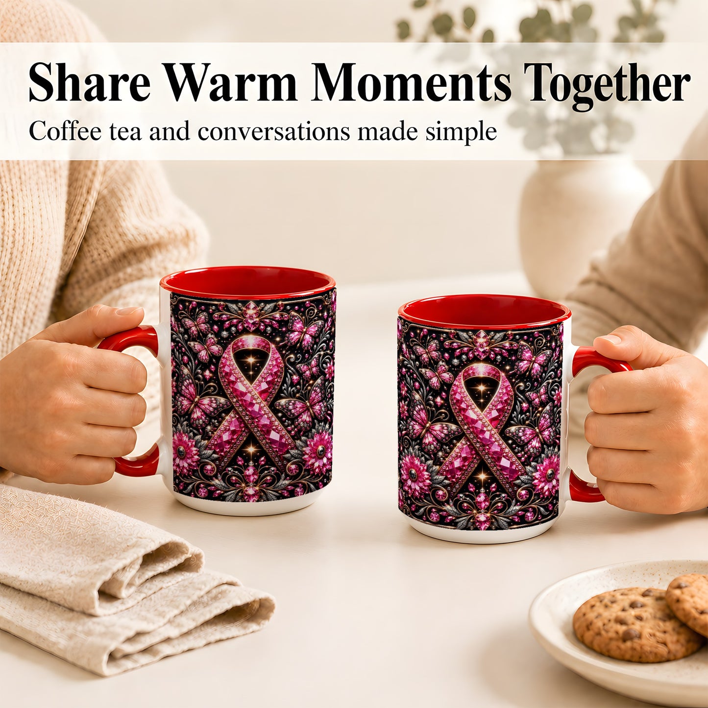 #pl[15oz|Red] Breast Cancer Awareness Coffee Mug, Pink Ribbon Mug, Ceramic Cup