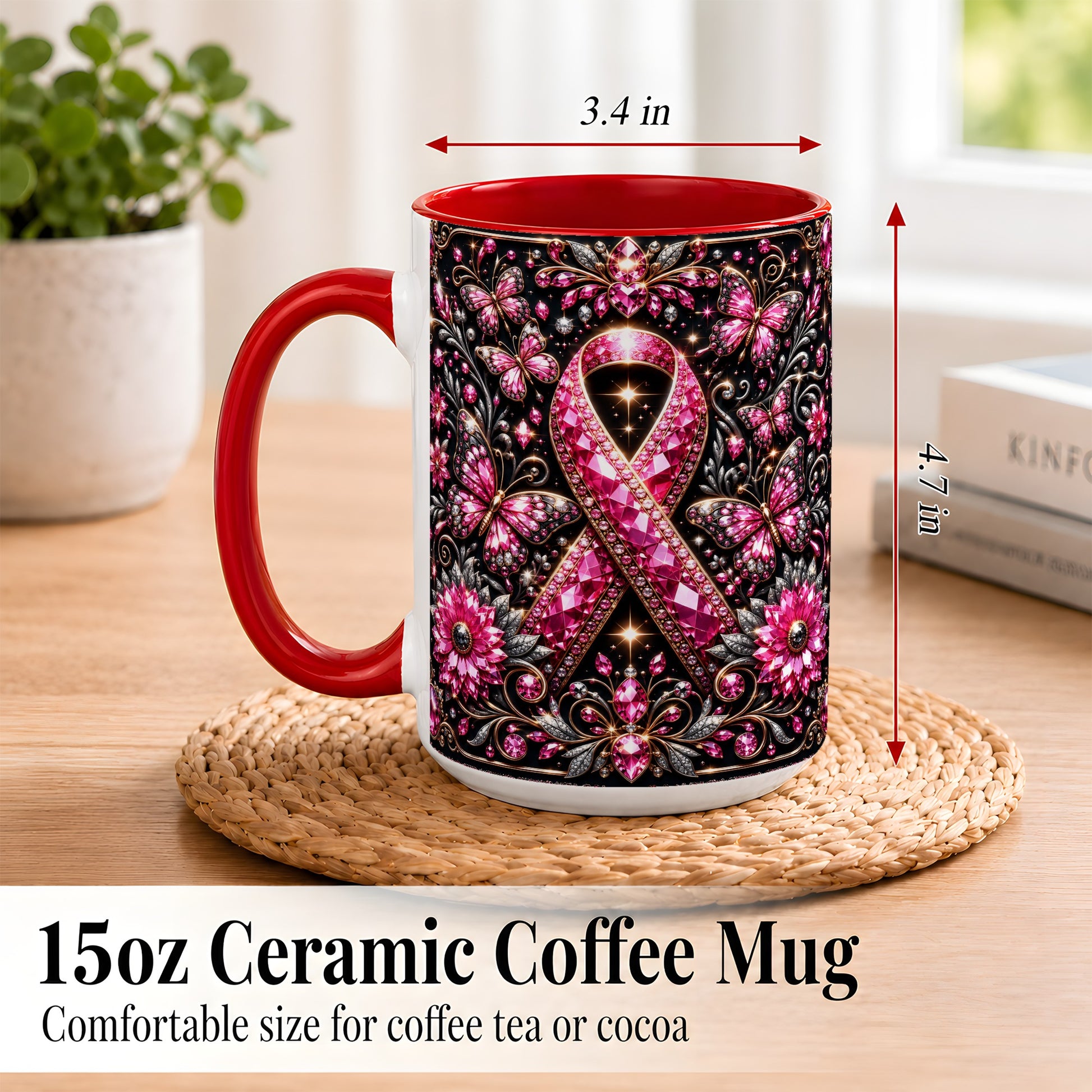 #pl[15oz|Red] Breast Cancer Awareness Coffee Mug, Pink Ribbon Mug, Ceramic Cup