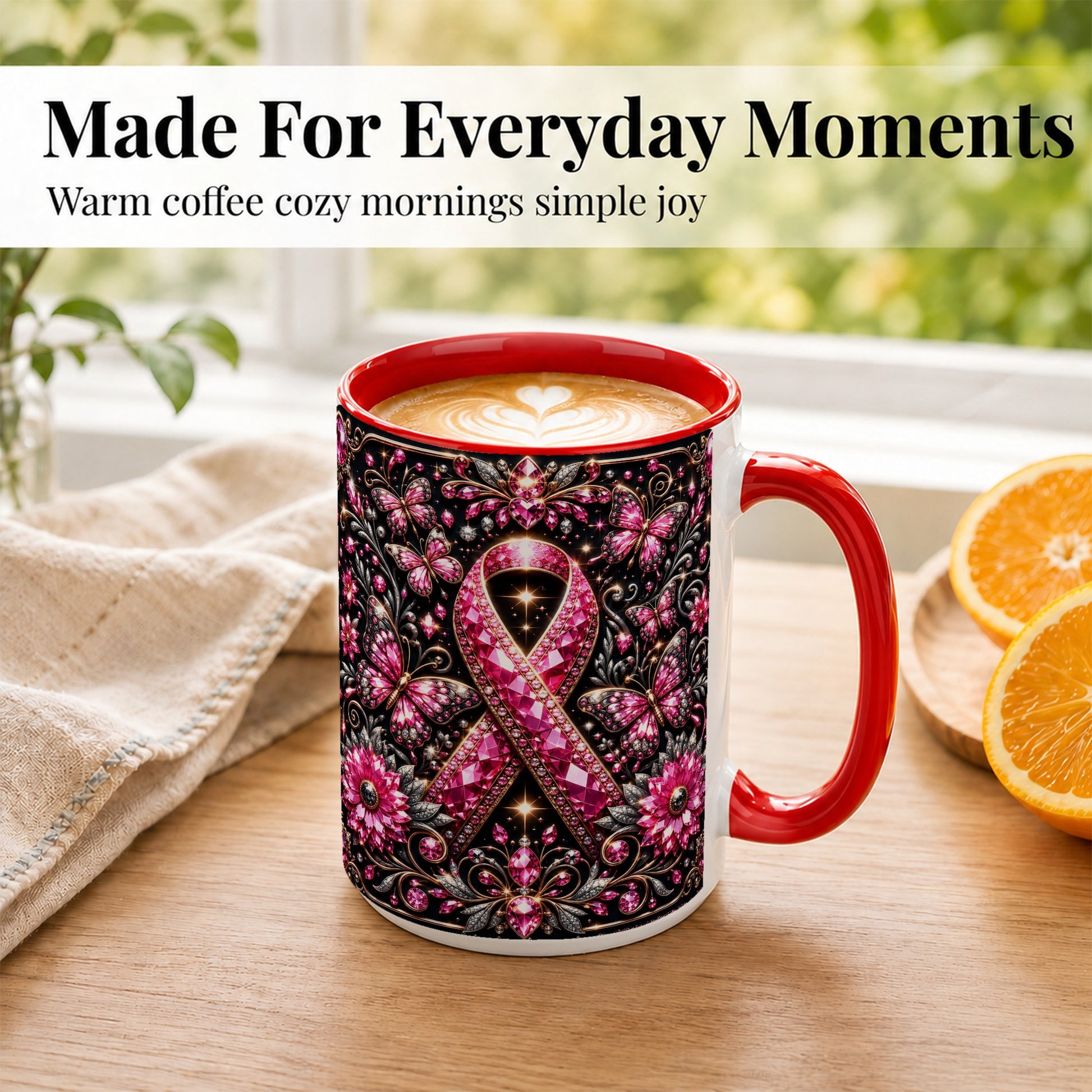 #pl[15oz|Red] Breast Cancer Awareness Coffee Mug, Pink Ribbon Mug, Ceramic Cup