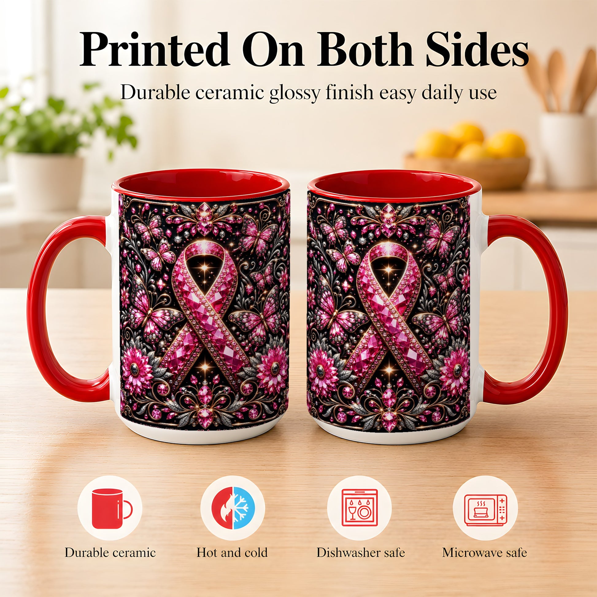 #pl[15oz|Red] Breast Cancer Awareness Coffee Mug, Pink Ribbon Mug, Ceramic Cup