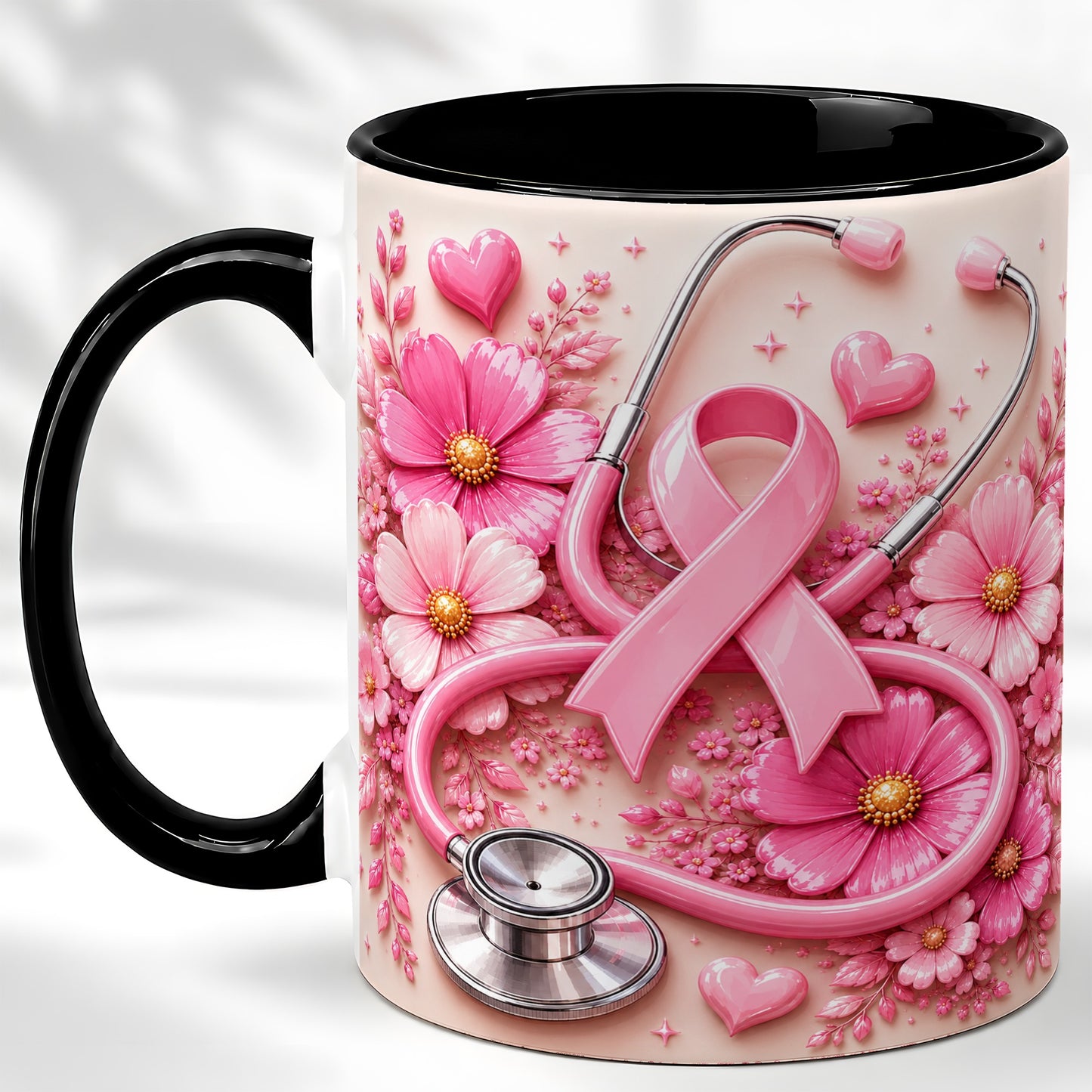 #pl[11oz|Black] Breast Cancer Awareness Coffee Mug, Stethoscope Mug, Ceramic Cup