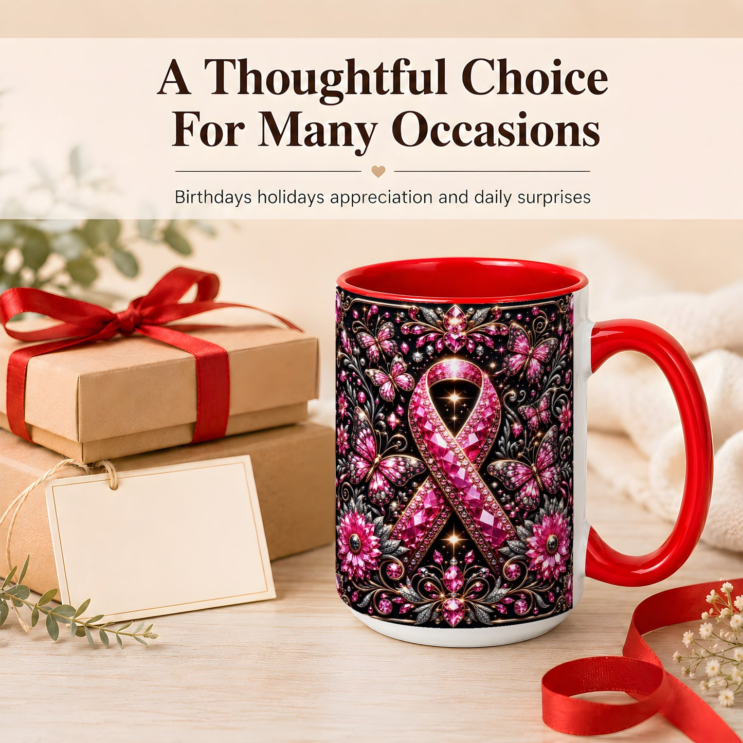 #pl[15oz|Red] Breast Cancer Awareness Coffee Mug, Pink Ribbon Mug, Ceramic Cup