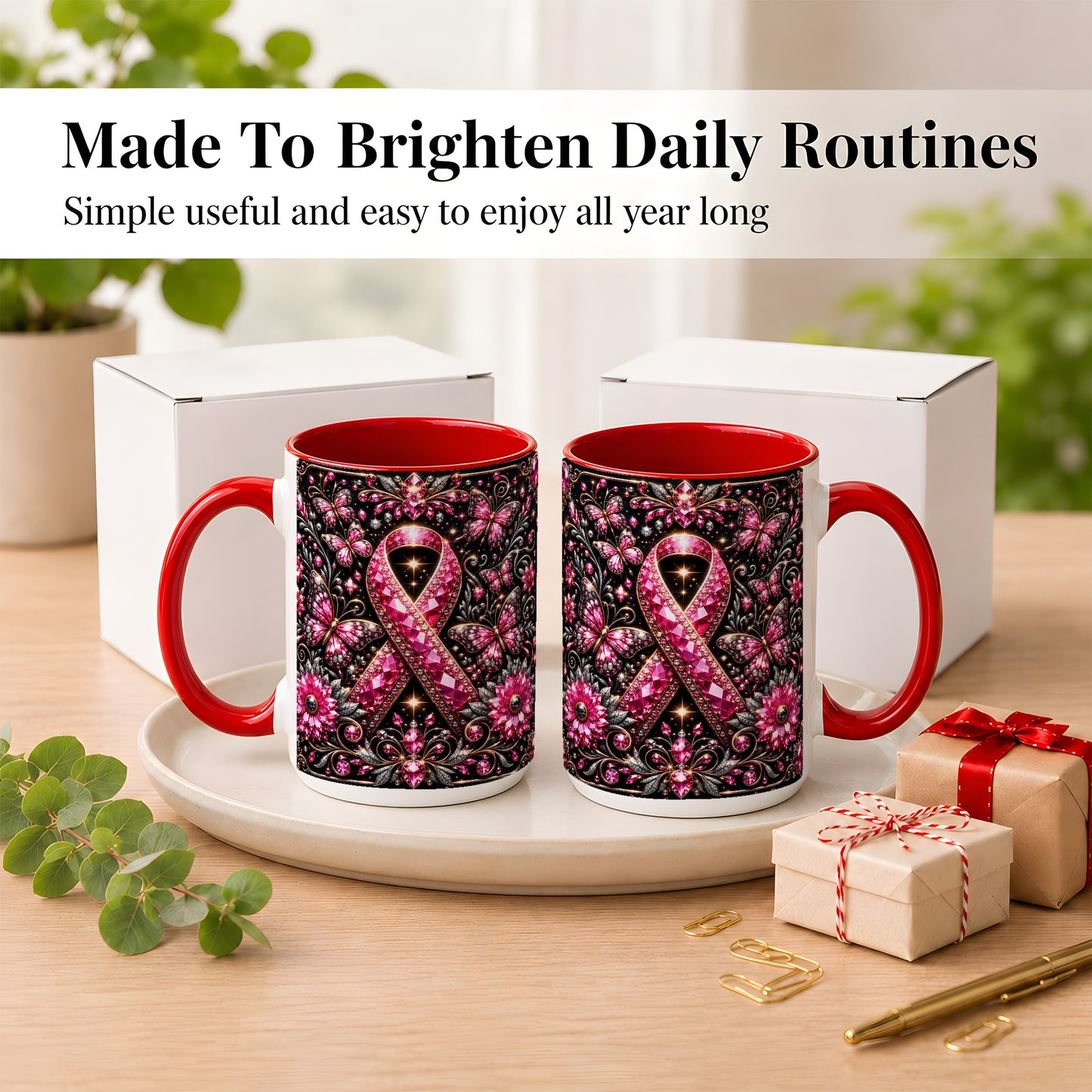 #pl[15oz|Red] Breast Cancer Awareness Coffee Mug, Pink Ribbon Mug, Ceramic Cup