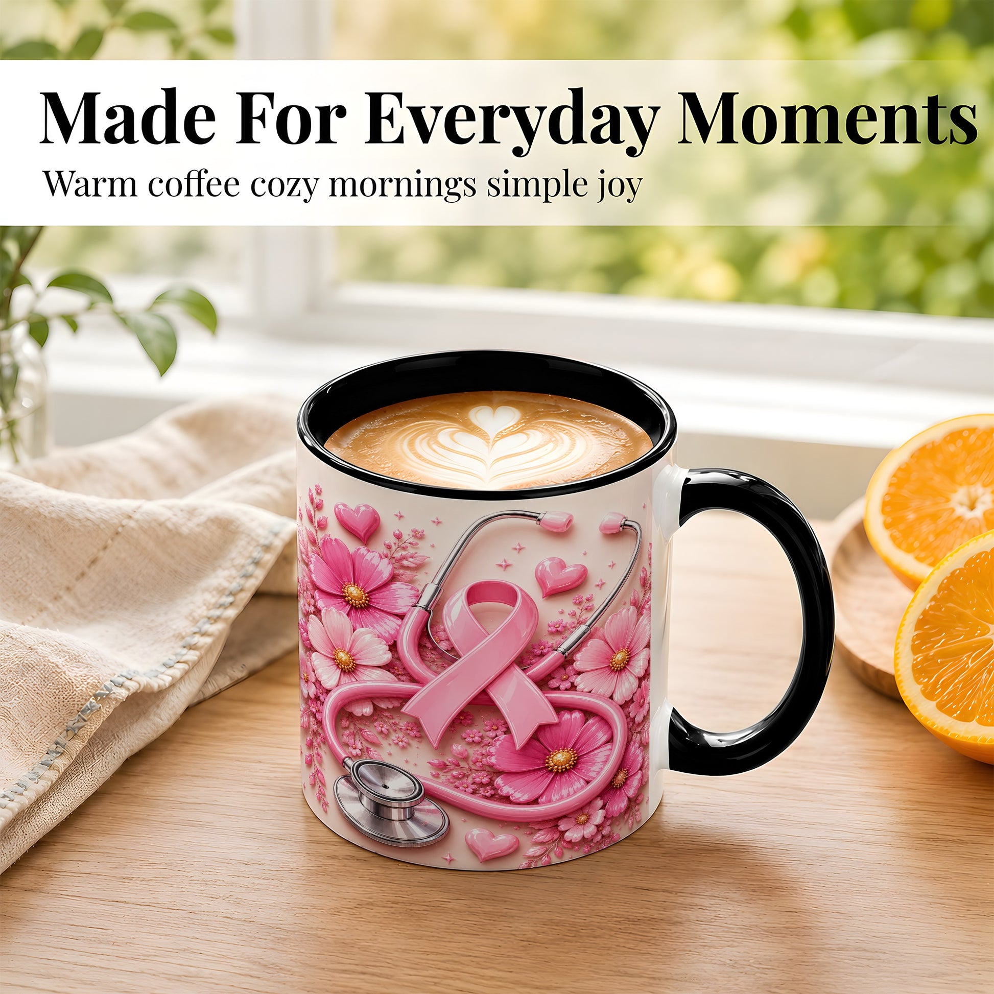 #pl[11oz|Black] Breast Cancer Awareness Coffee Mug, Stethoscope Mug, Ceramic Cup