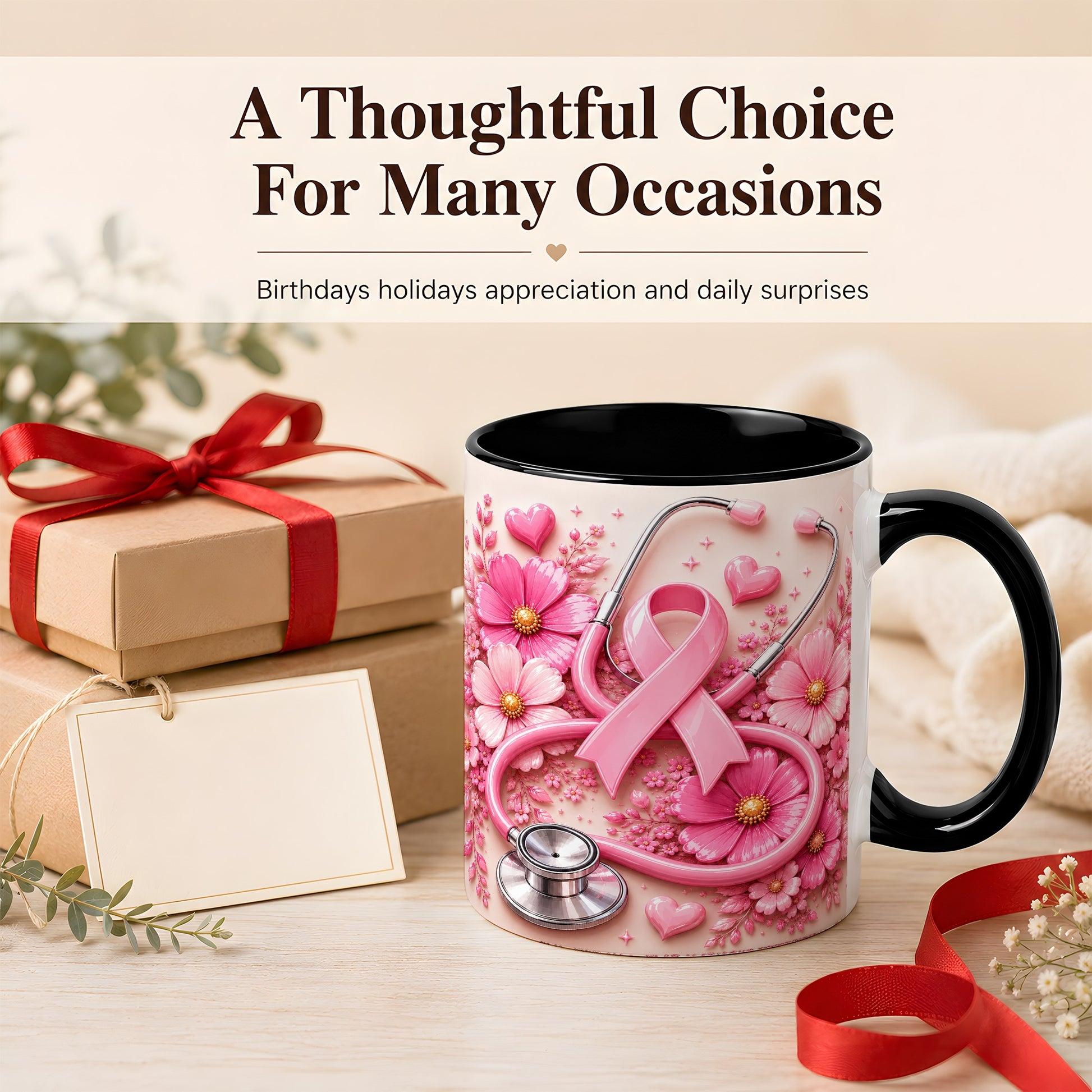 #pl[11oz|Black] Breast Cancer Awareness Coffee Mug, Stethoscope Mug, Ceramic Cup