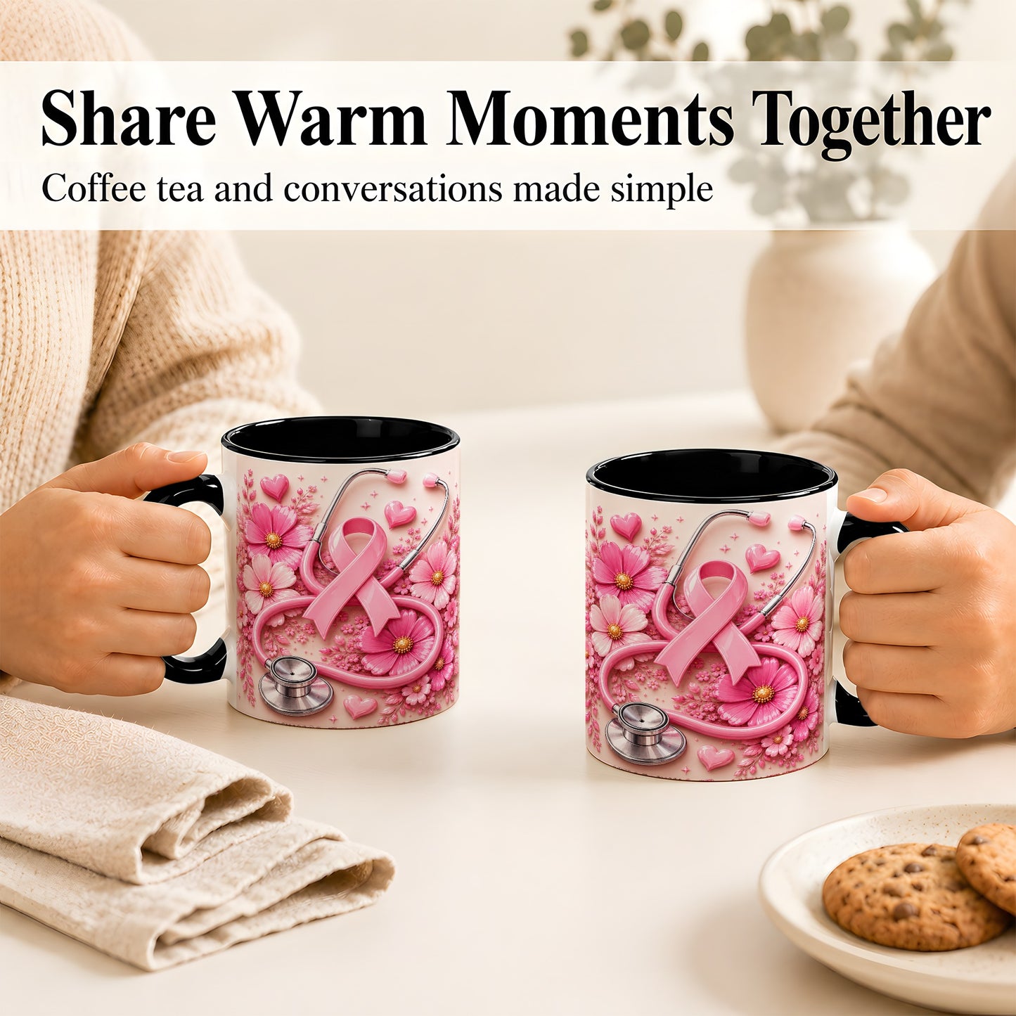 #pl[11oz|Black] Breast Cancer Awareness Coffee Mug, Stethoscope Mug, Ceramic Cup