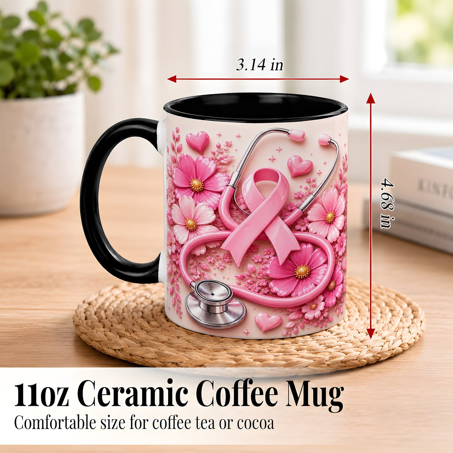 #pl[11oz|Black] Breast Cancer Awareness Coffee Mug, Stethoscope Mug, Ceramic Cup
