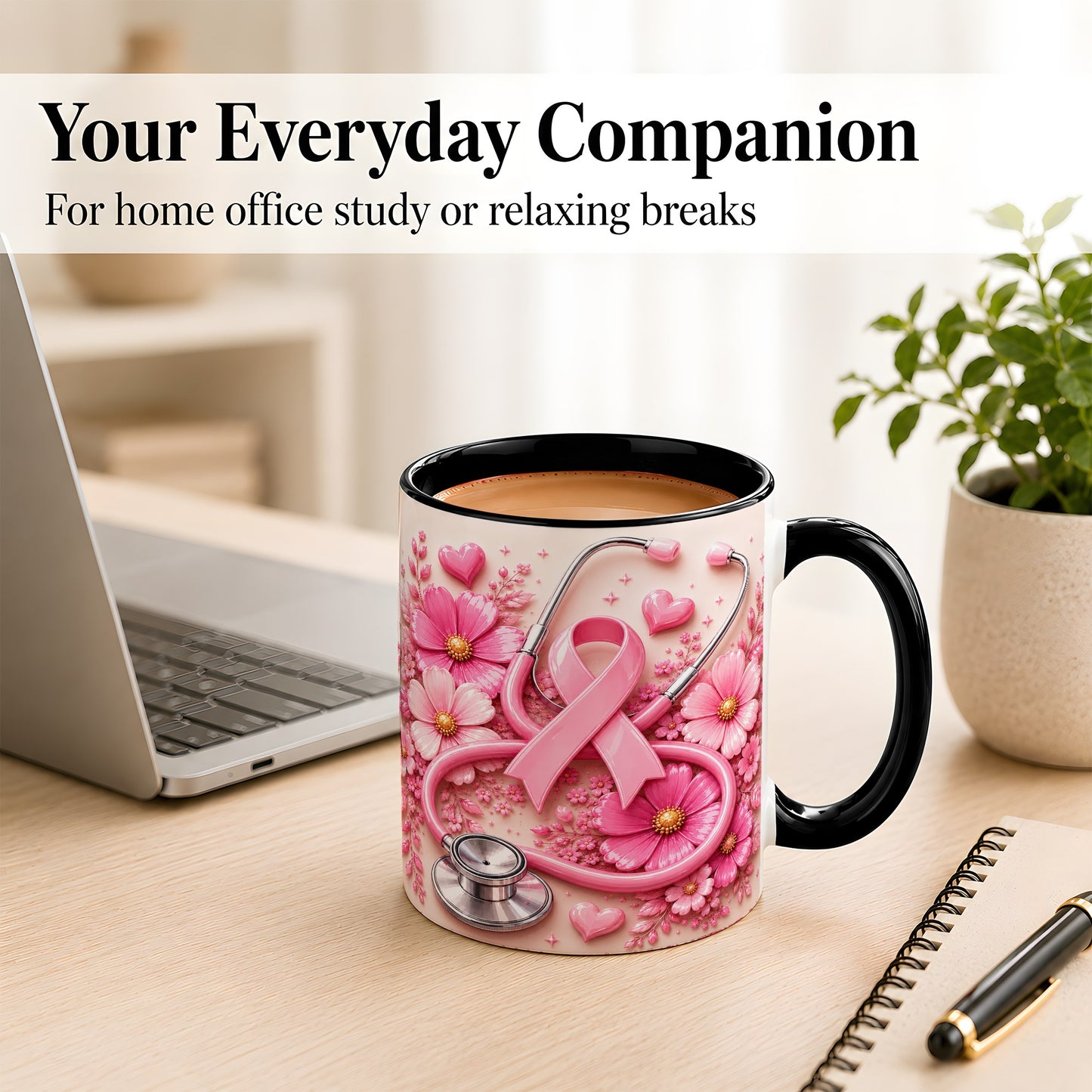 #pl[11oz|Black] Breast Cancer Awareness Coffee Mug, Stethoscope Mug, Ceramic Cup