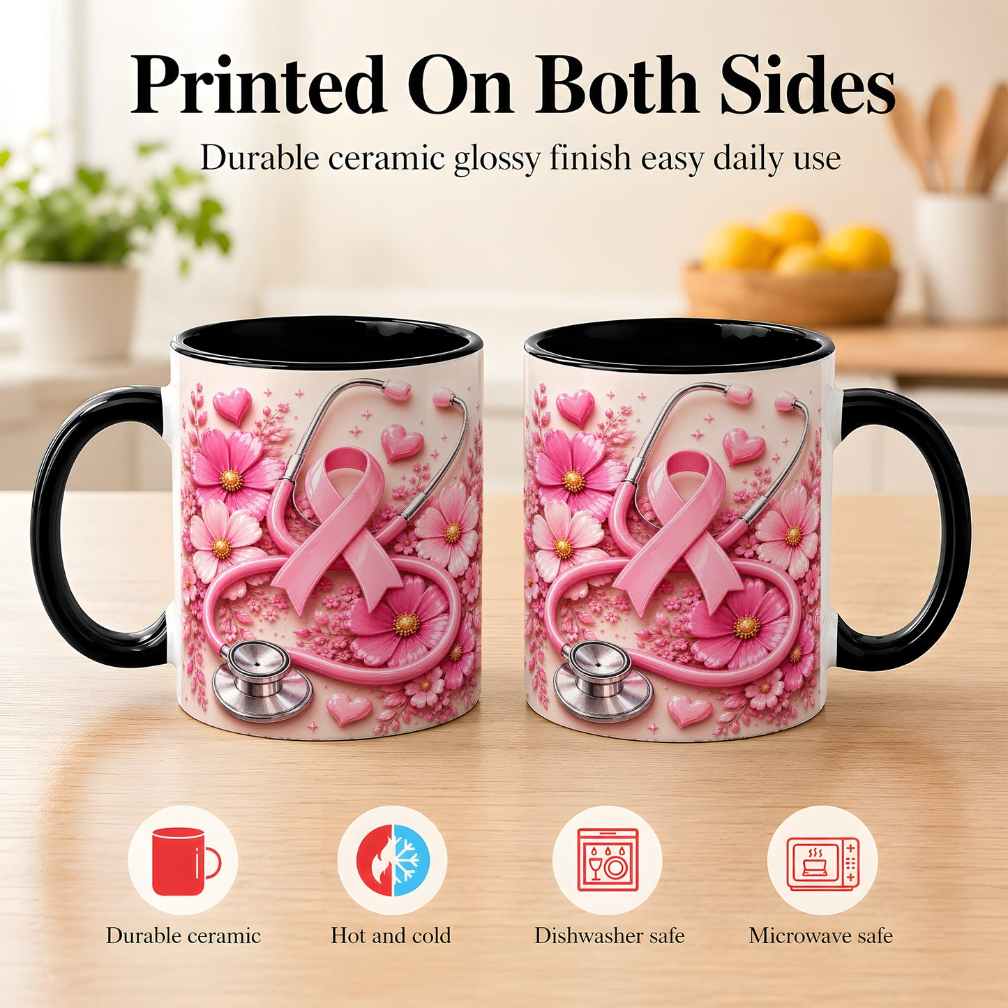 #pl[11oz|Black] Breast Cancer Awareness Coffee Mug, Stethoscope Mug, Ceramic Cup