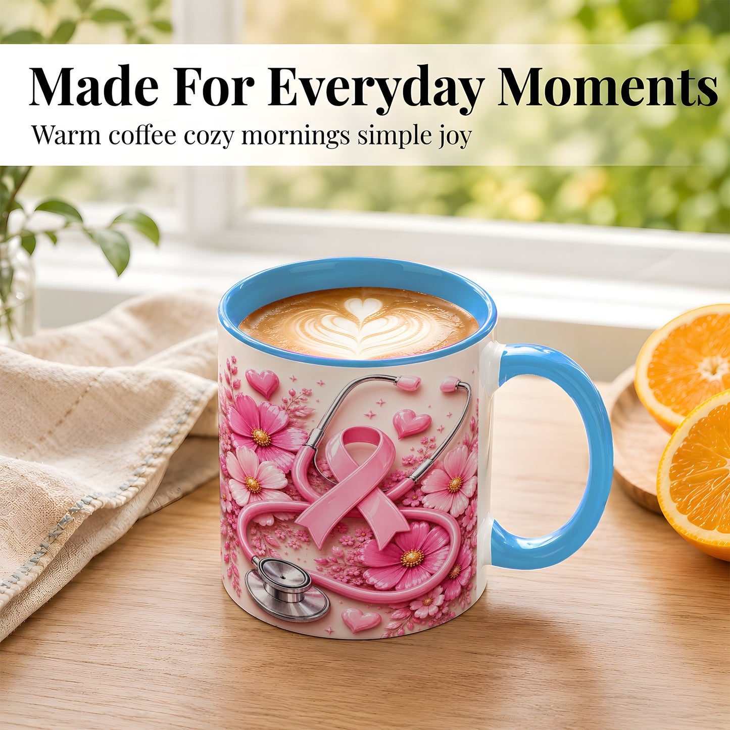 #pl[11oz|Blue] Breast Cancer Awareness Coffee Mug, Stethoscope Mug, Ceramic Cup