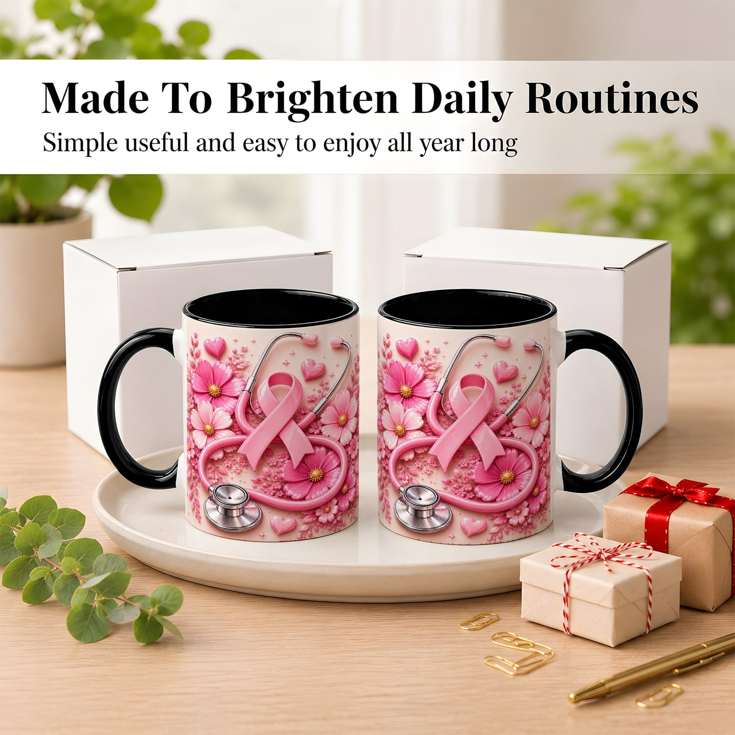 #pl[11oz|Black] Breast Cancer Awareness Coffee Mug, Stethoscope Mug, Ceramic Cup