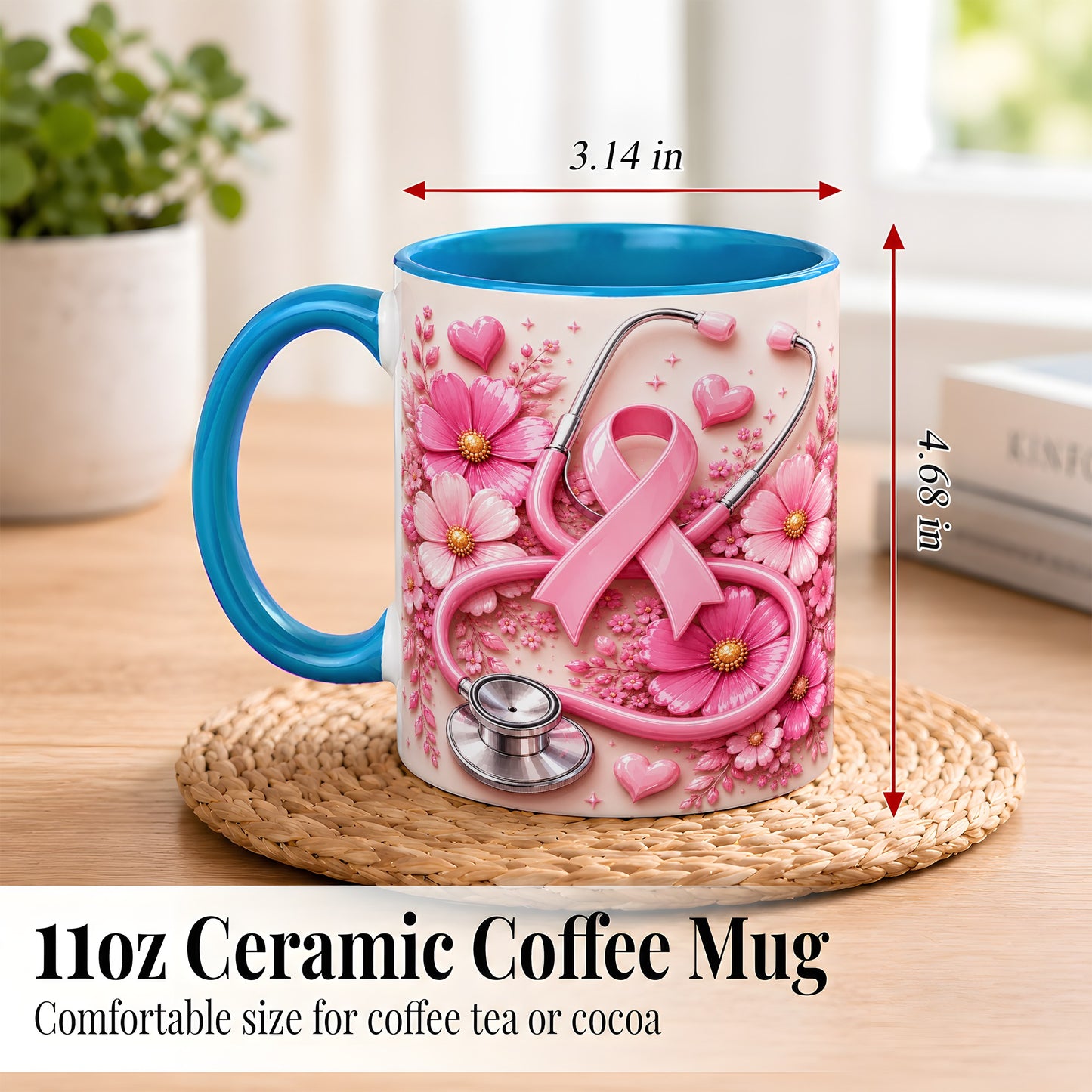 #pl[11oz|Blue] Breast Cancer Awareness Coffee Mug, Stethoscope Mug, Ceramic Cup
