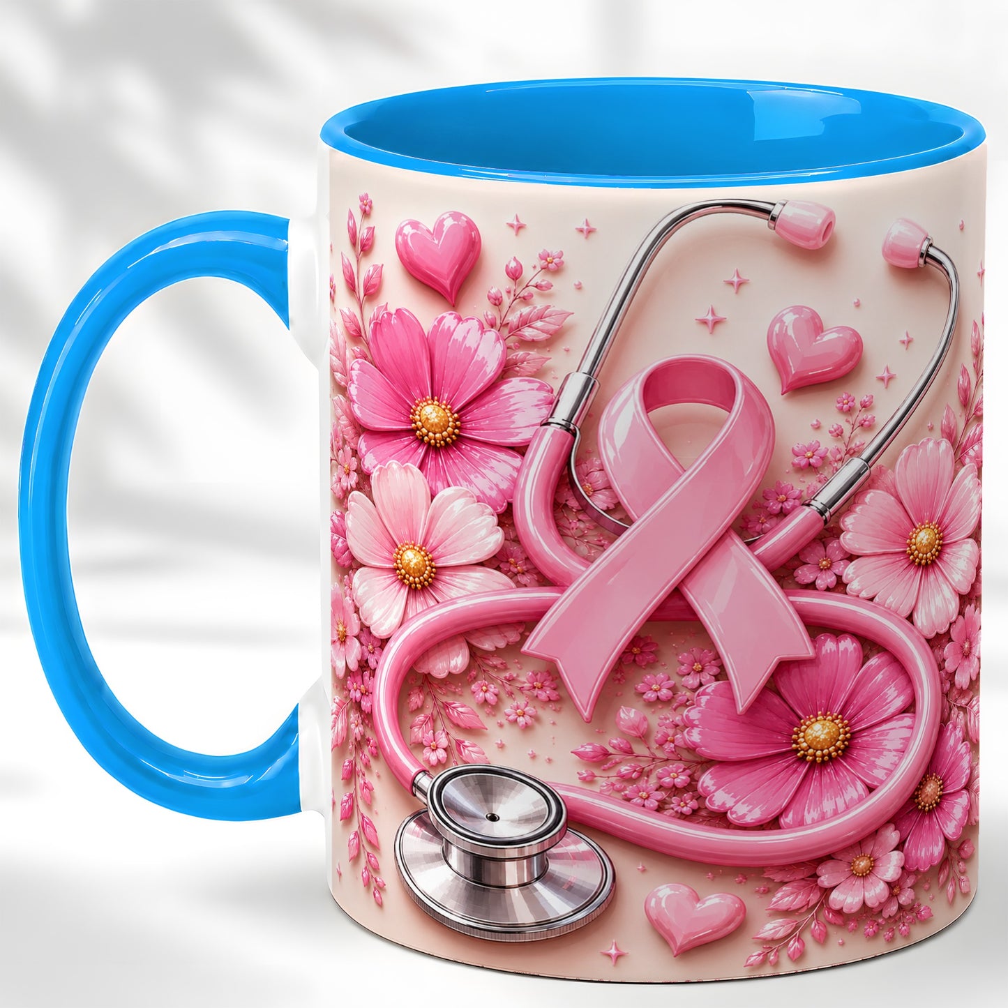 #pl[11oz|Blue] Breast Cancer Awareness Coffee Mug, Stethoscope Mug, Ceramic Cup