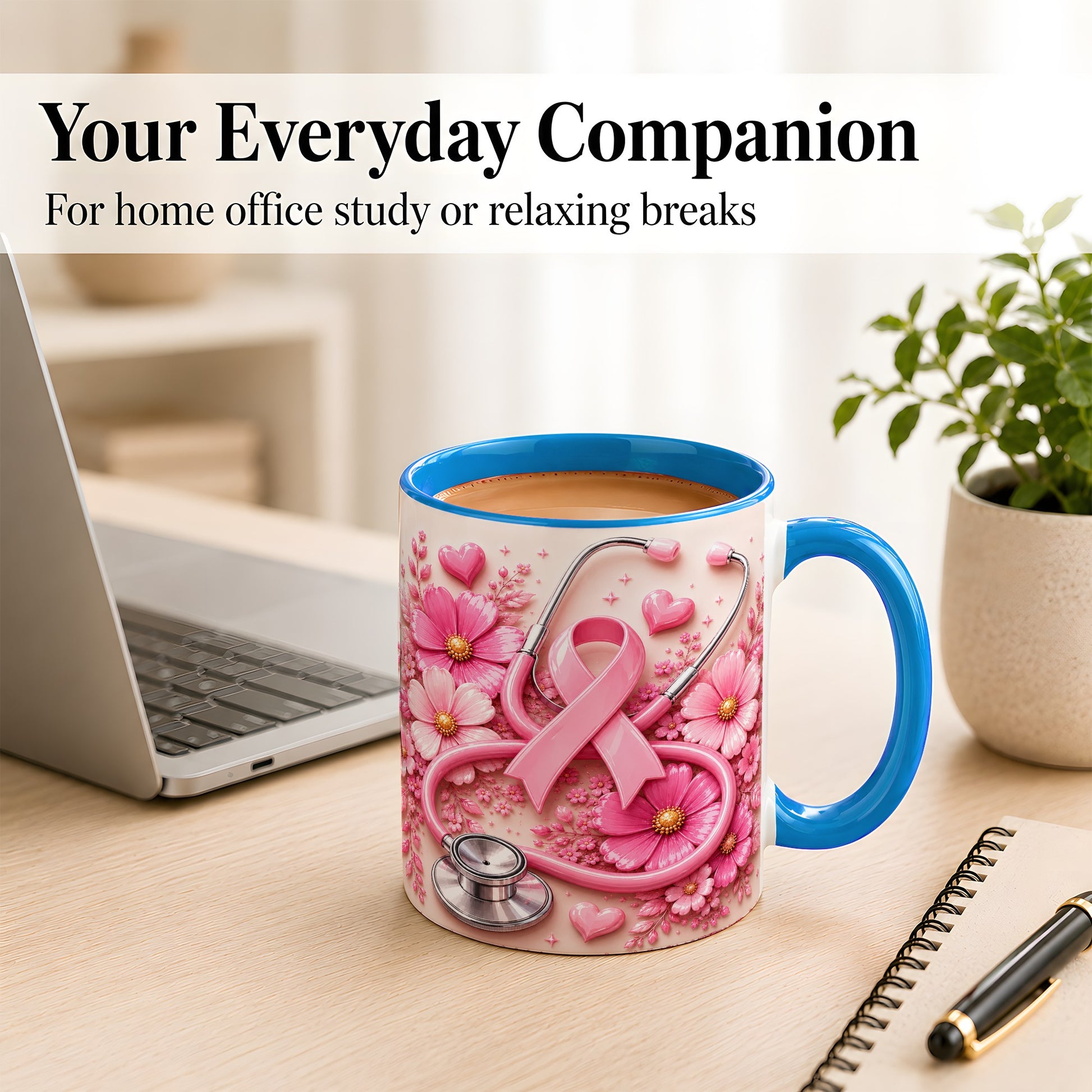 #pl[11oz|Blue] Breast Cancer Awareness Coffee Mug, Stethoscope Mug, Ceramic Cup