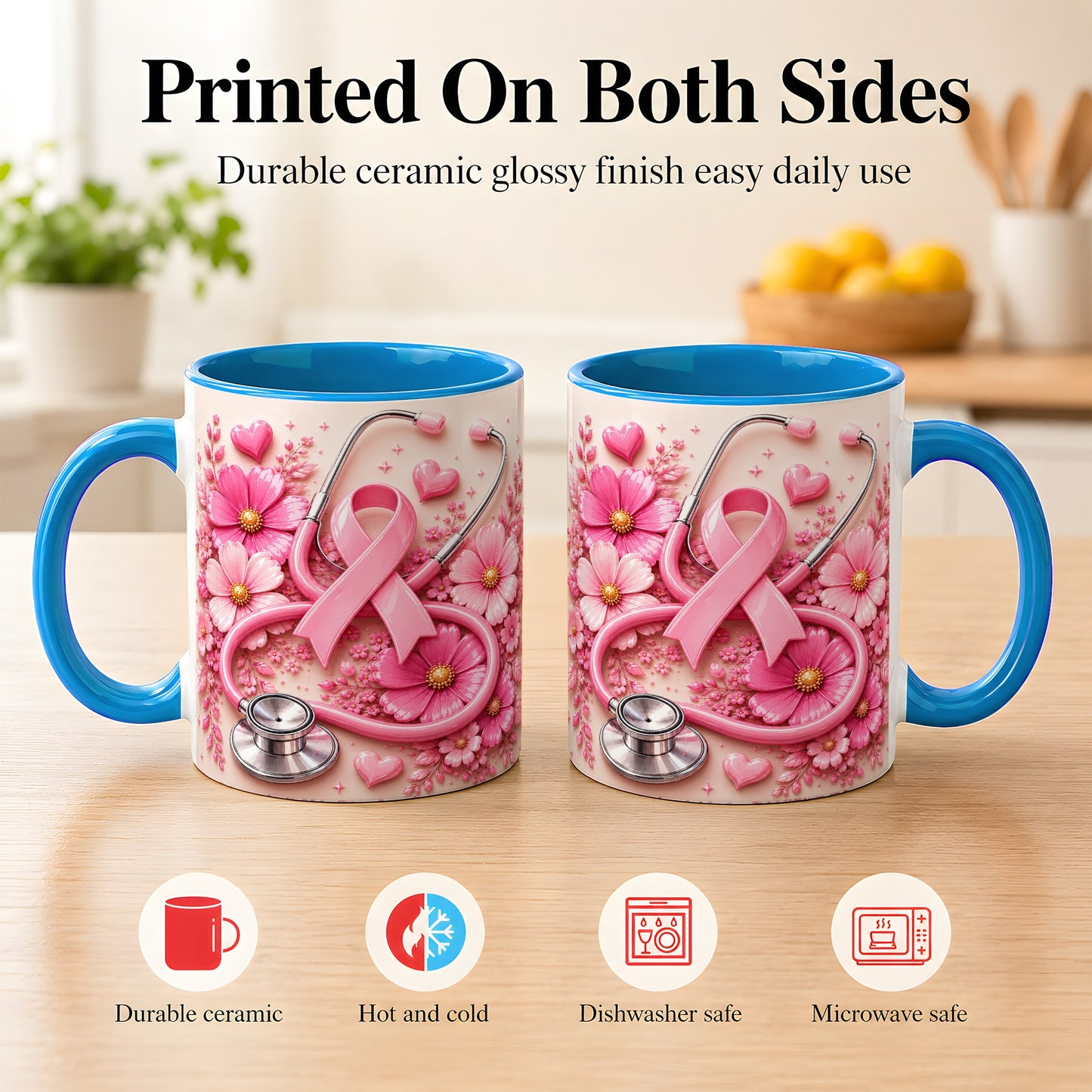 #pl[11oz|Blue] Breast Cancer Awareness Coffee Mug, Stethoscope Mug, Ceramic Cup