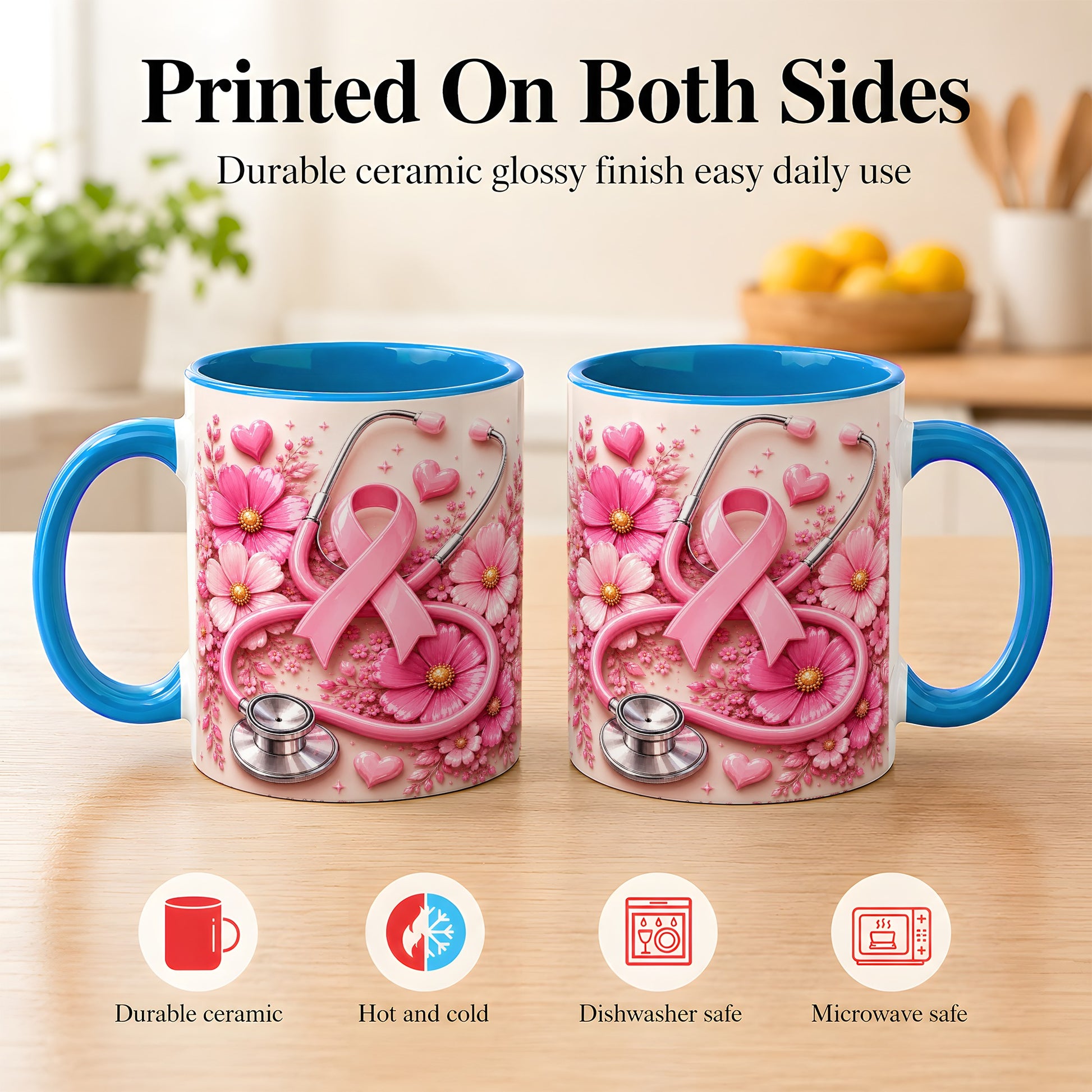 #pl[11oz|Blue] Breast Cancer Awareness Coffee Mug, Stethoscope Mug, Ceramic Cup