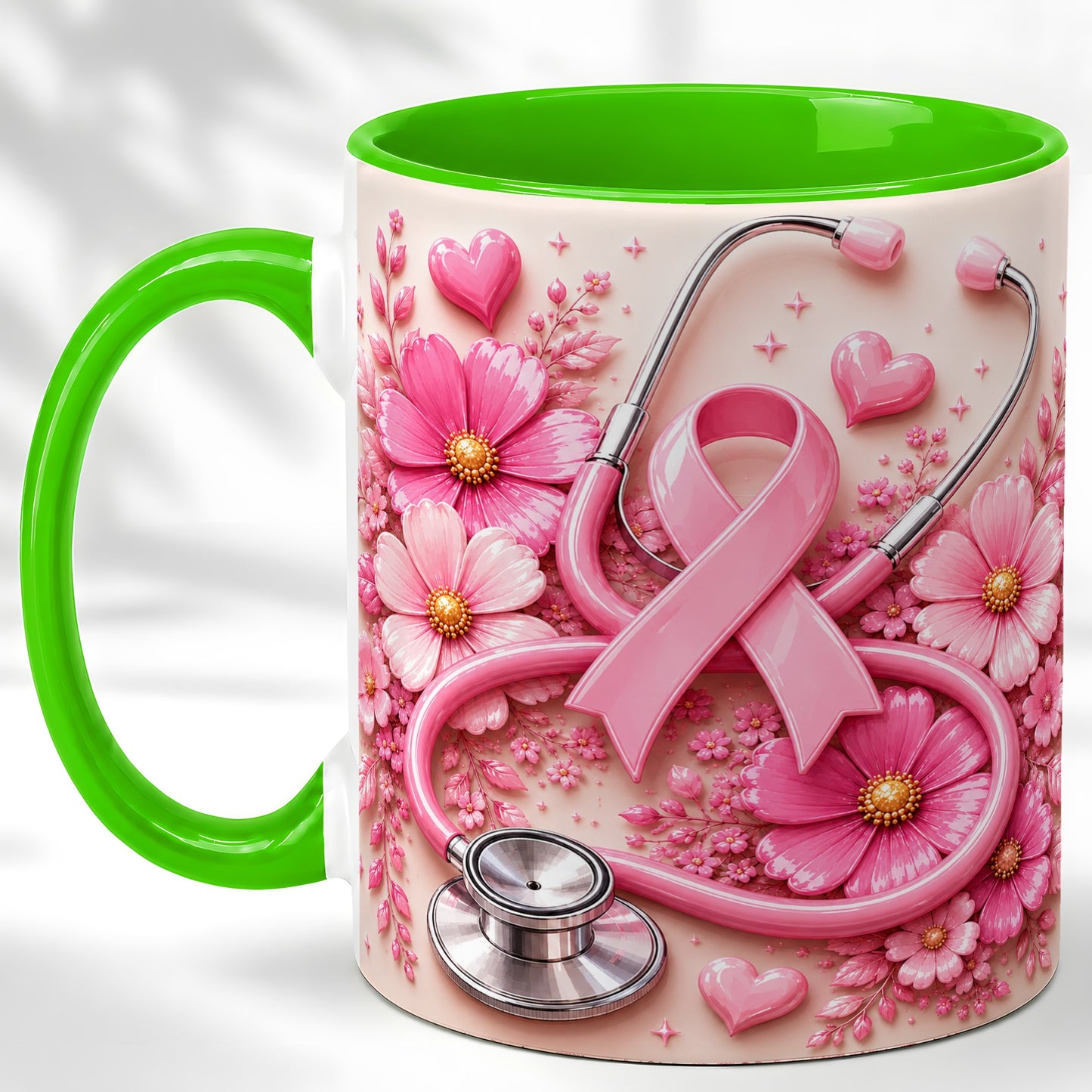 #pl[11oz|Green] Breast Cancer Awareness Coffee Mug, Stethoscope Mug, Ceramic Cup