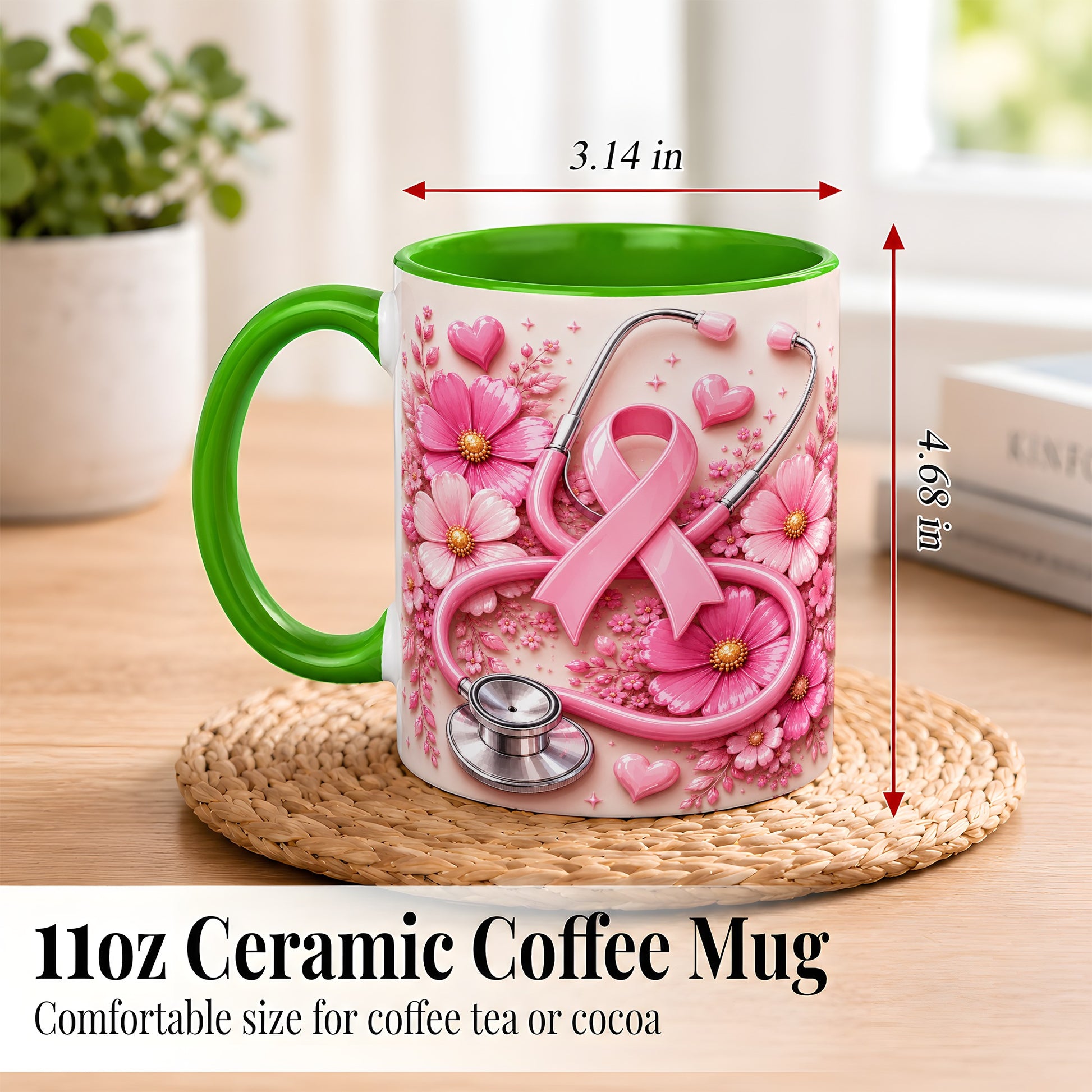 #pl[11oz|Green] Breast Cancer Awareness Coffee Mug, Stethoscope Mug, Ceramic Cup