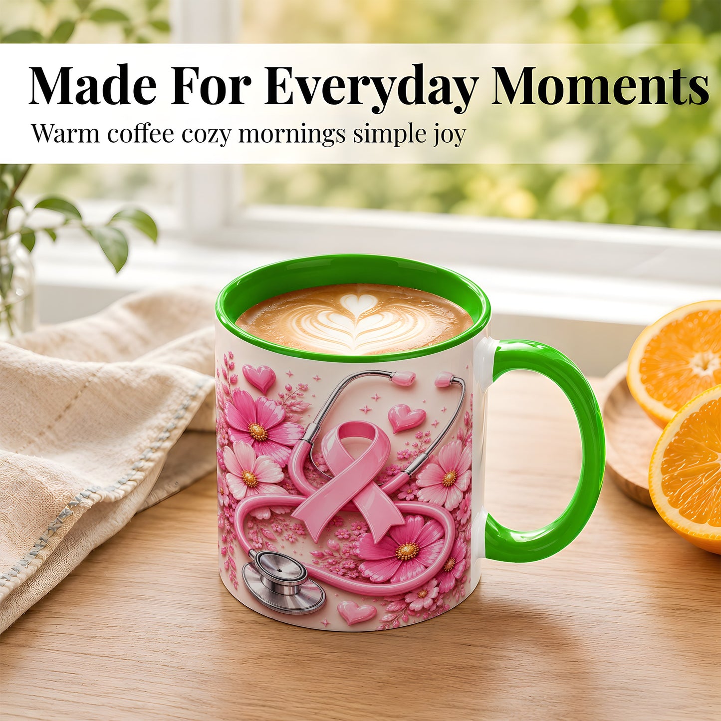 #pl[11oz|Green] Breast Cancer Awareness Coffee Mug, Stethoscope Mug, Ceramic Cup