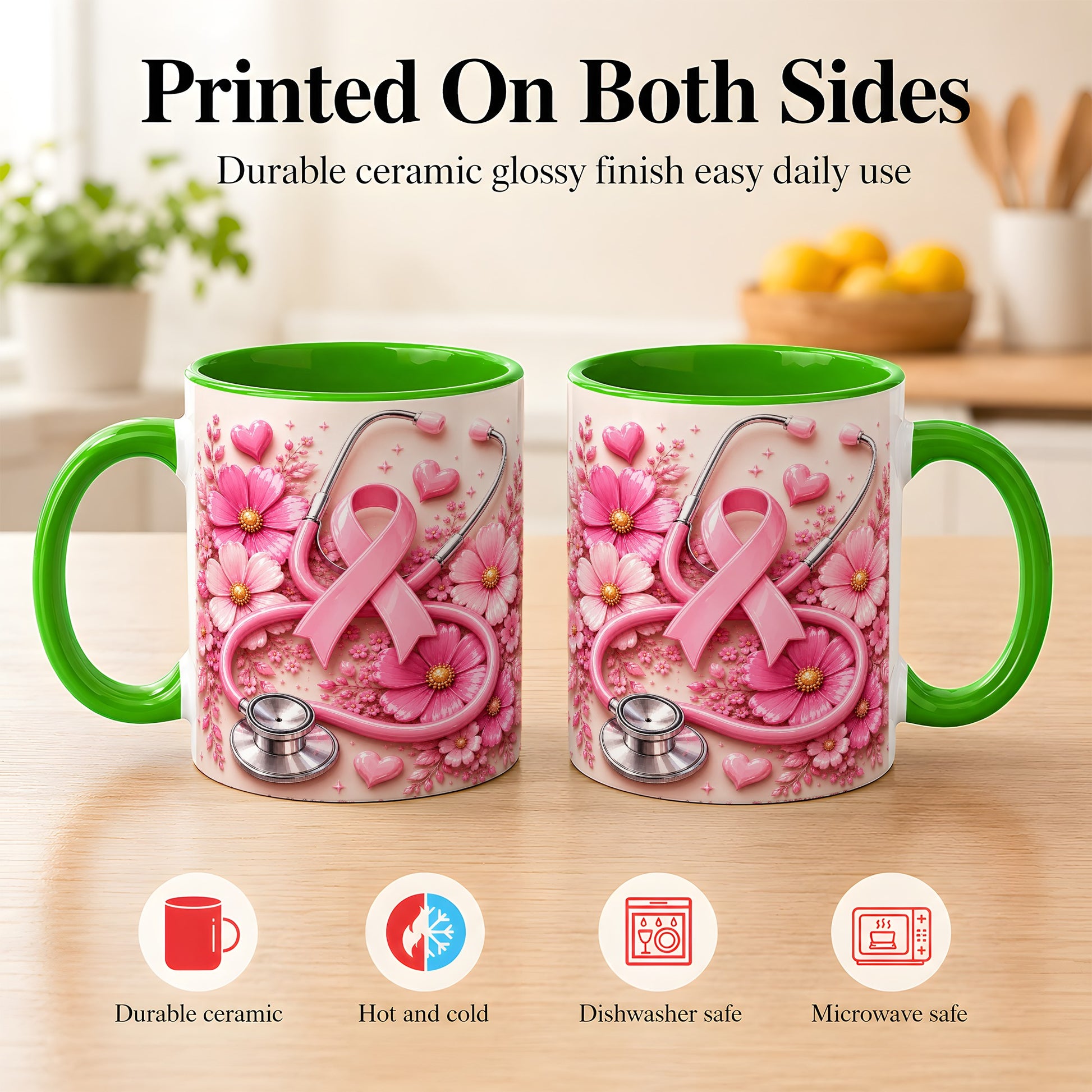 #pl[11oz|Green] Breast Cancer Awareness Coffee Mug, Stethoscope Mug, Ceramic Cup