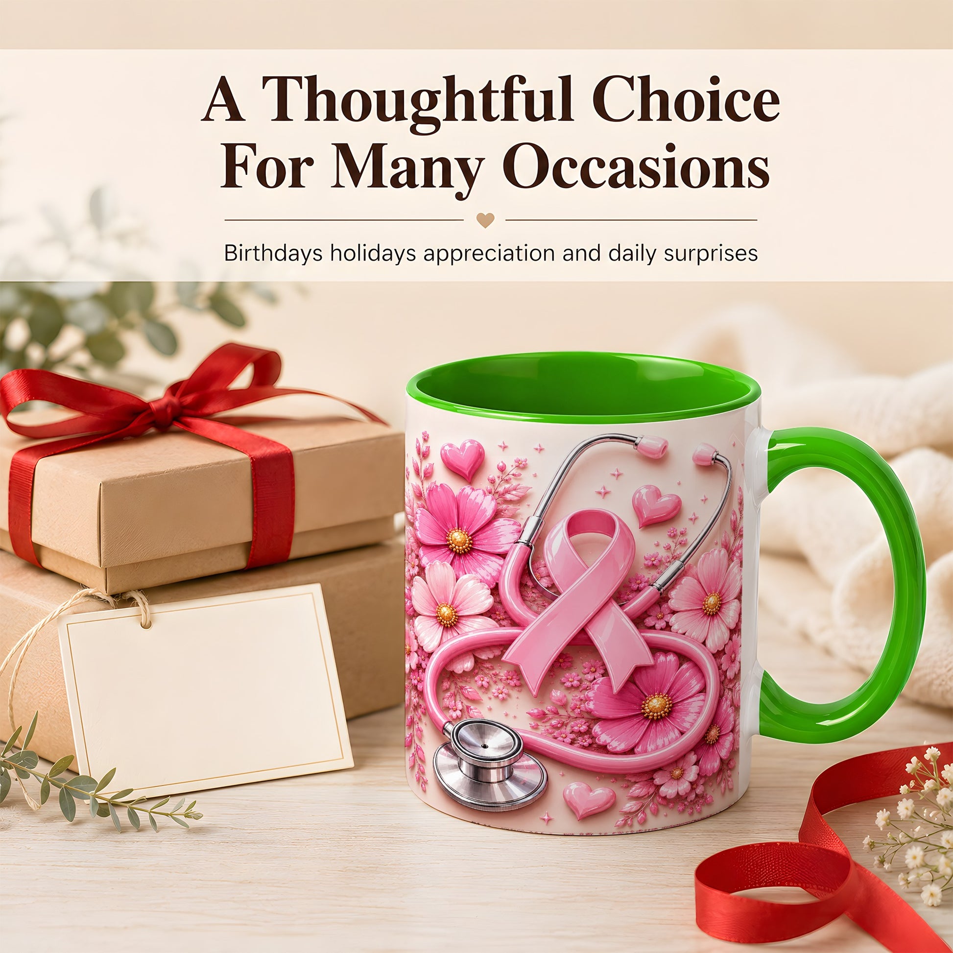 #pl[11oz|Green] Breast Cancer Awareness Coffee Mug, Stethoscope Mug, Ceramic Cup
