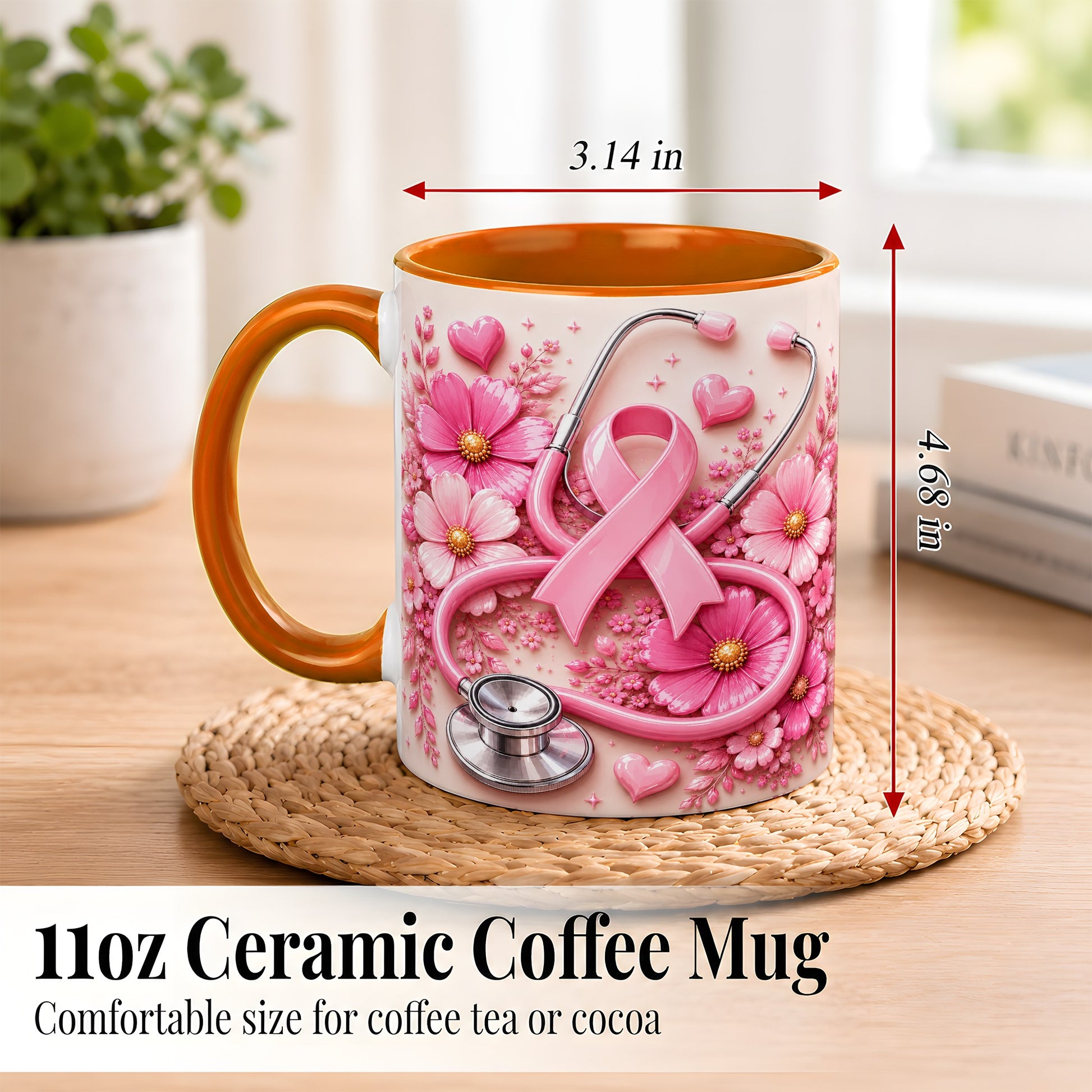 #pl[11oz|Orange] Breast Cancer Awareness Coffee Mug, Stethoscope Mug, Ceramic Cup