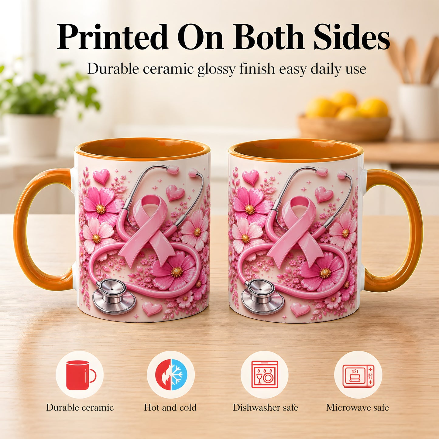 #pl[11oz|Orange] Breast Cancer Awareness Coffee Mug, Stethoscope Mug, Ceramic Cup