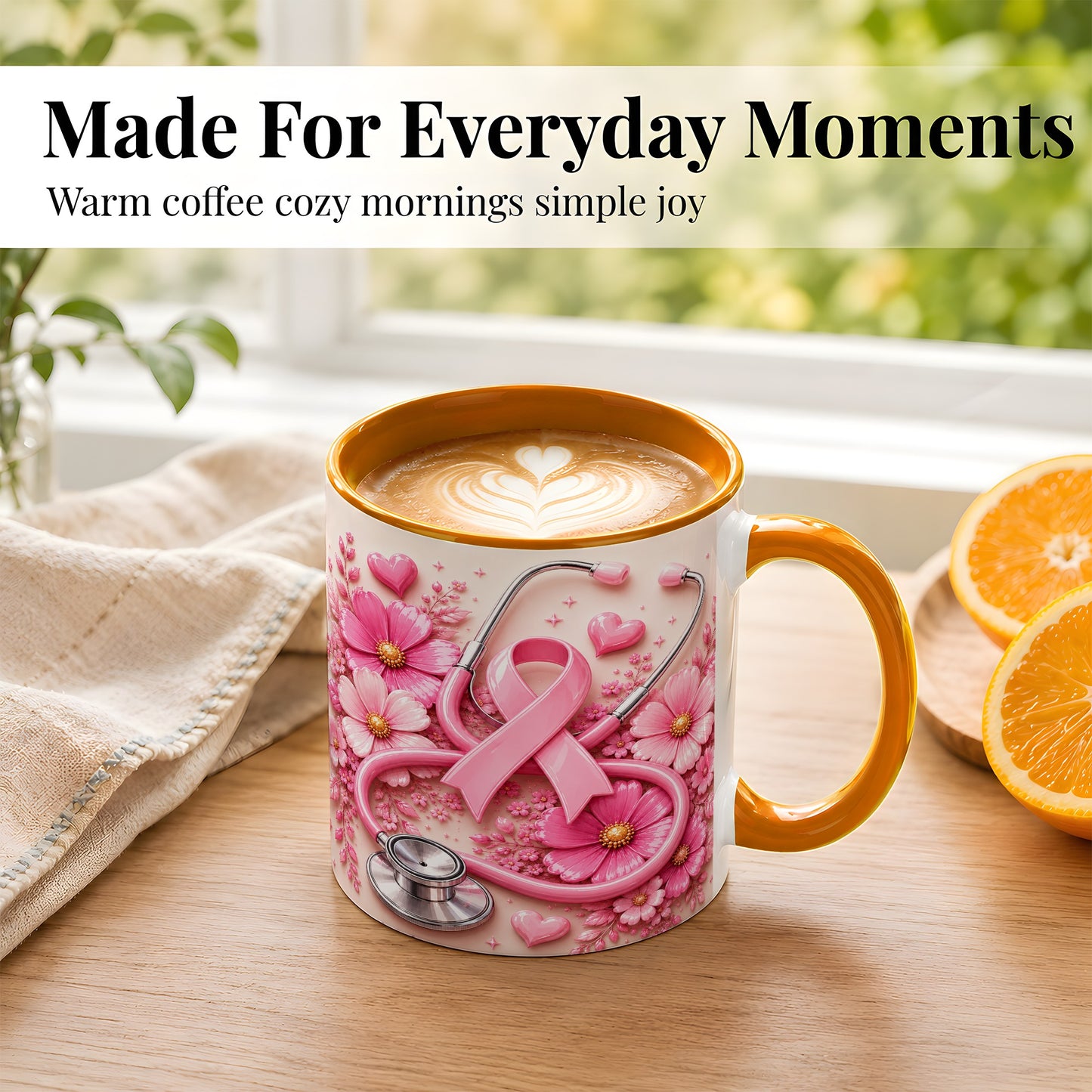 #pl[11oz|Orange] Breast Cancer Awareness Coffee Mug, Stethoscope Mug, Ceramic Cup