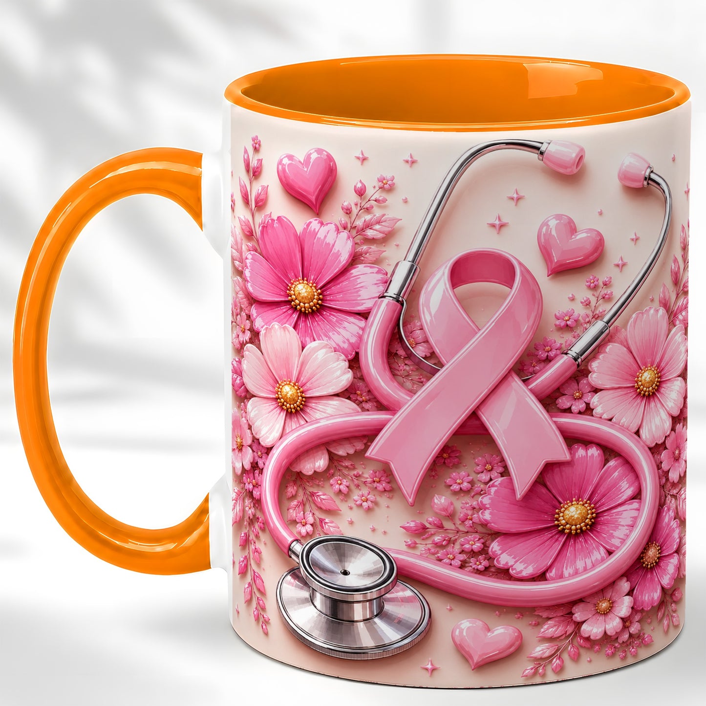 #pl[11oz|Orange] Breast Cancer Awareness Coffee Mug, Stethoscope Mug, Ceramic Cup