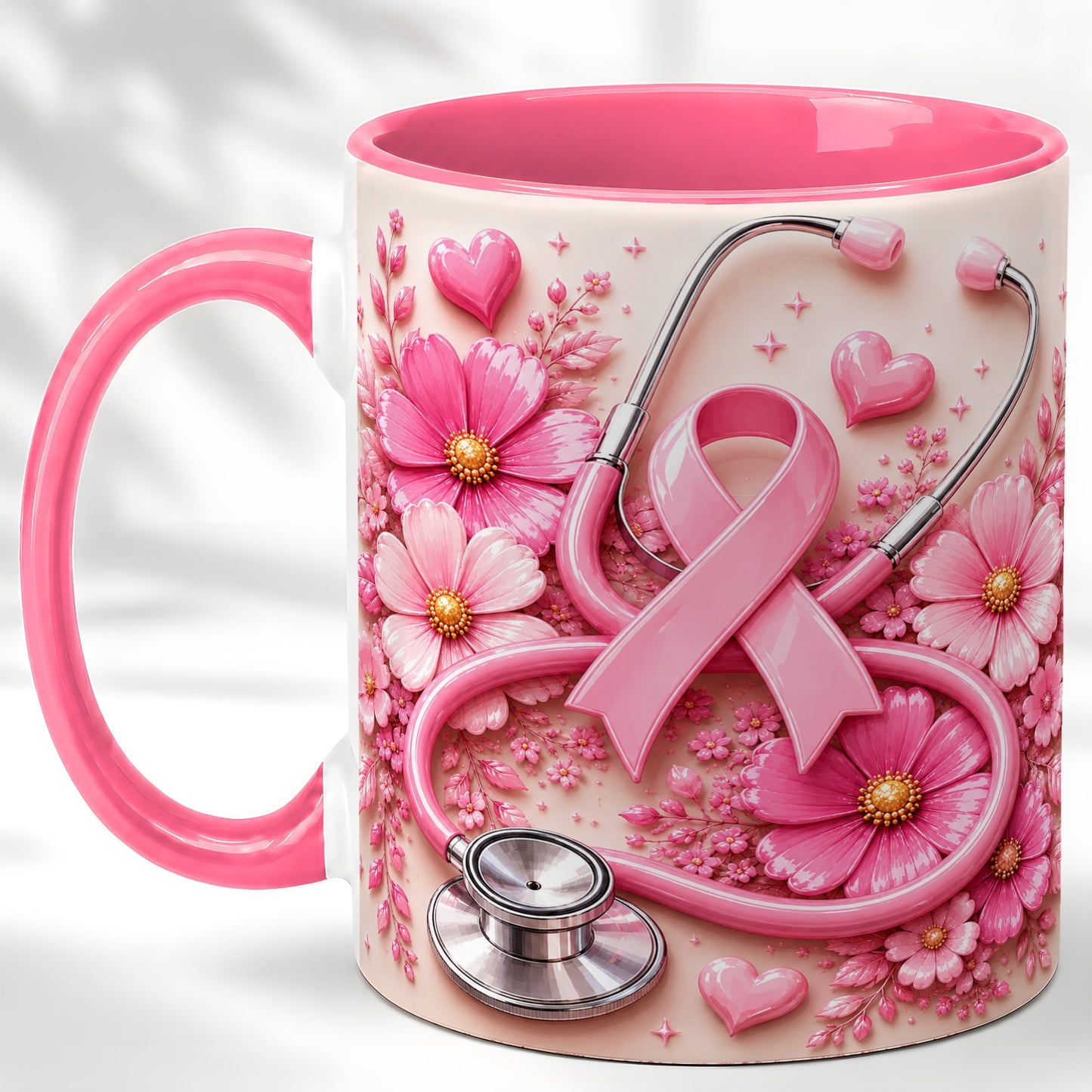 #pl[11oz|Pink] Breast Cancer Awareness Coffee Mug, Stethoscope Mug, Ceramic Cup