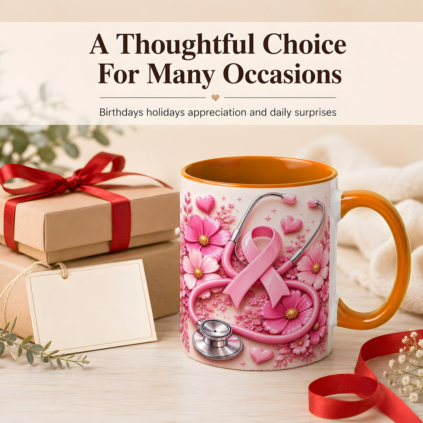 #pl[11oz|Orange] Breast Cancer Awareness Coffee Mug, Stethoscope Mug, Ceramic Cup
