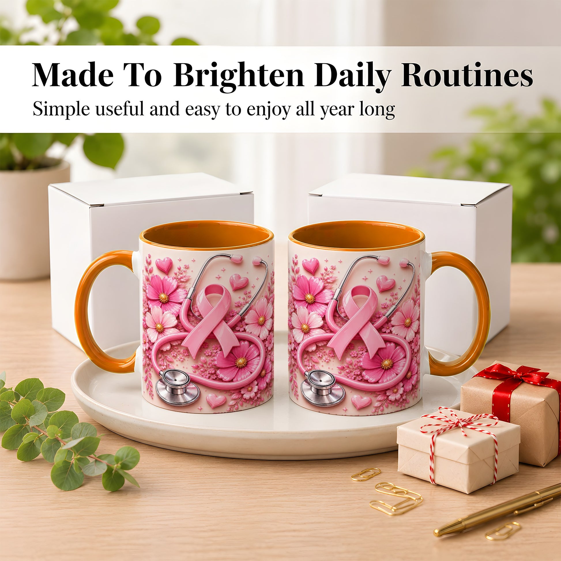 #pl[11oz|Orange] Breast Cancer Awareness Coffee Mug, Stethoscope Mug, Ceramic Cup