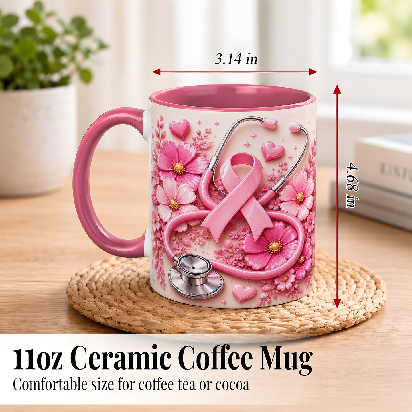#pl[11oz|Pink] Breast Cancer Awareness Coffee Mug, Stethoscope Mug, Ceramic Cup