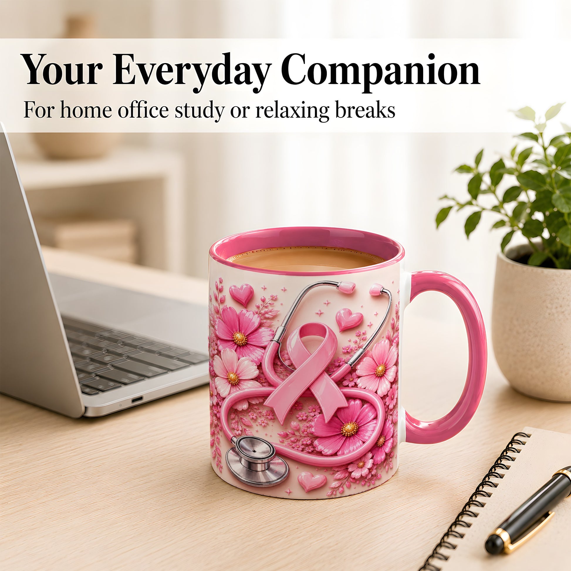 #pl[11oz|Pink] Breast Cancer Awareness Coffee Mug, Stethoscope Mug, Ceramic Cup