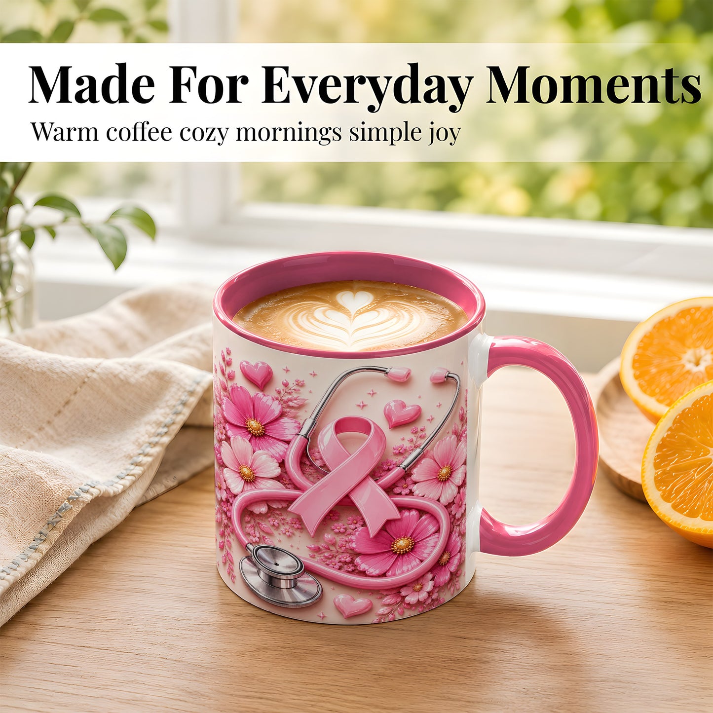 #pl[11oz|Pink] Breast Cancer Awareness Coffee Mug, Stethoscope Mug, Ceramic Cup