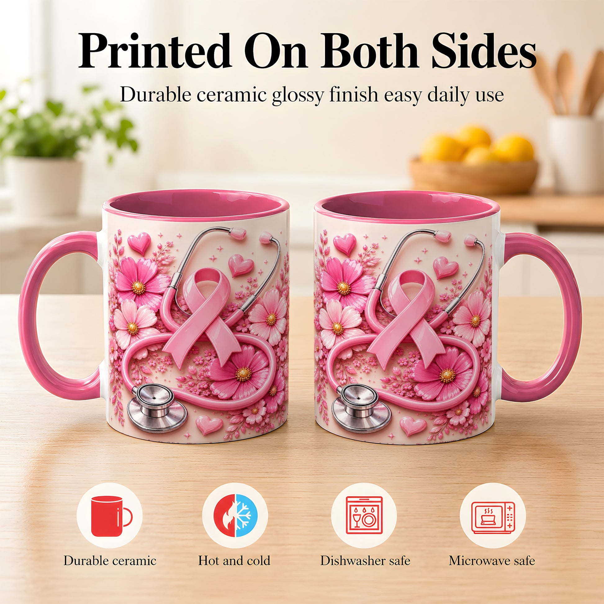 #pl[11oz|Pink] Breast Cancer Awareness Coffee Mug, Stethoscope Mug, Ceramic Cup