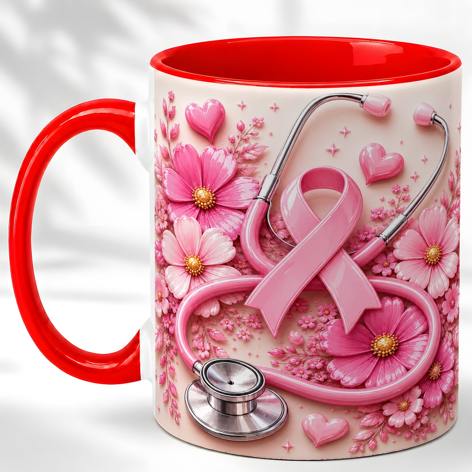 #pl[11oz|Red] Breast Cancer Awareness Coffee Mug, Stethoscope Mug, Ceramic Cup