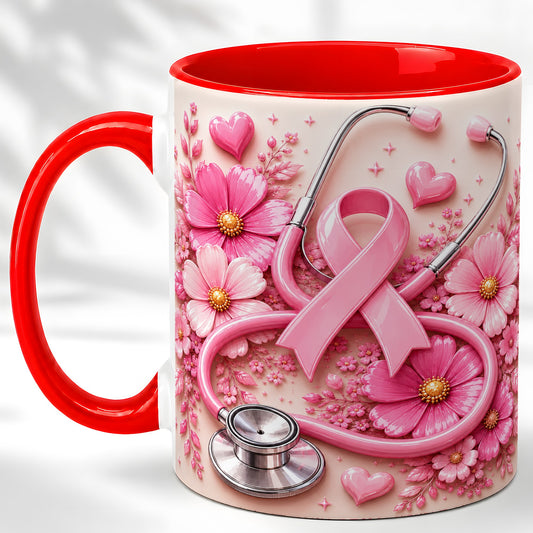 #pl[11oz|Red] Breast Cancer Awareness Coffee Mug, Stethoscope Mug, Ceramic Cup