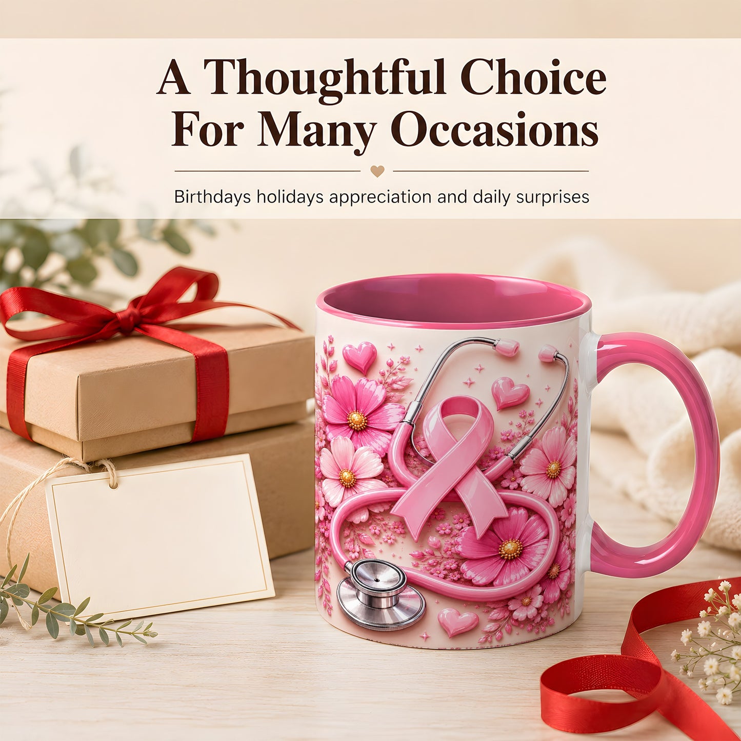 #pl[11oz|Pink] Breast Cancer Awareness Coffee Mug, Stethoscope Mug, Ceramic Cup