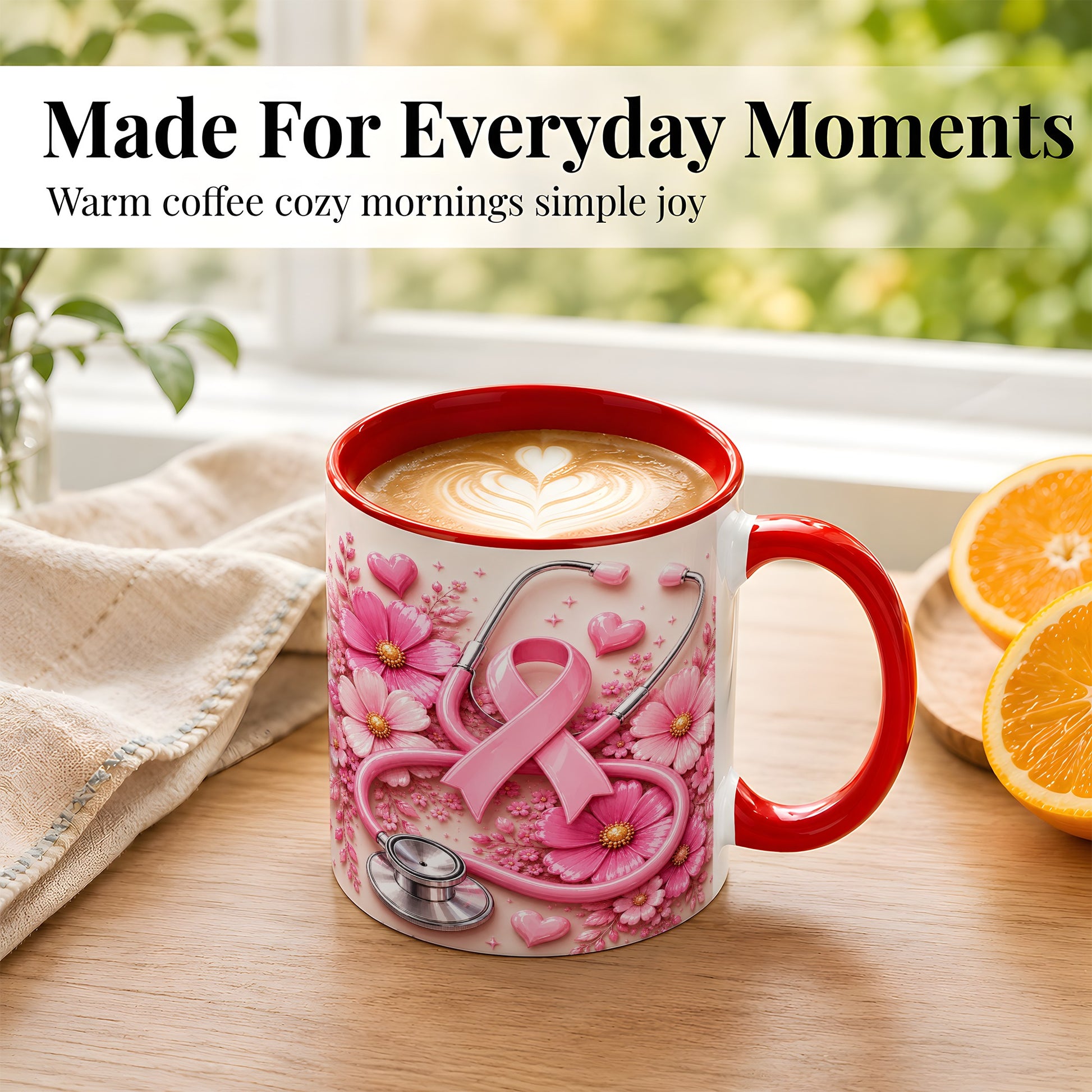 #pl[11oz|Red] Breast Cancer Awareness Coffee Mug, Stethoscope Mug, Ceramic Cup