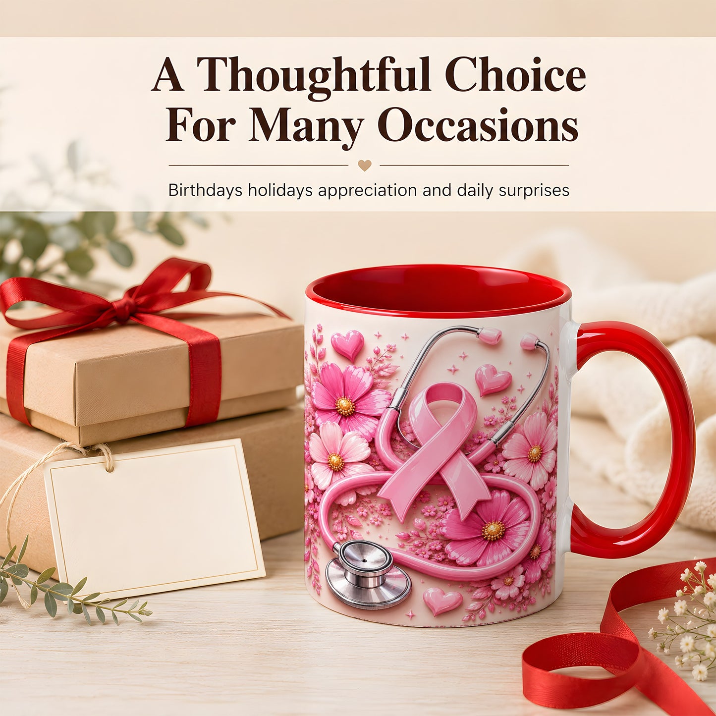 #pl[11oz|Red] Breast Cancer Awareness Coffee Mug, Stethoscope Mug, Ceramic Cup