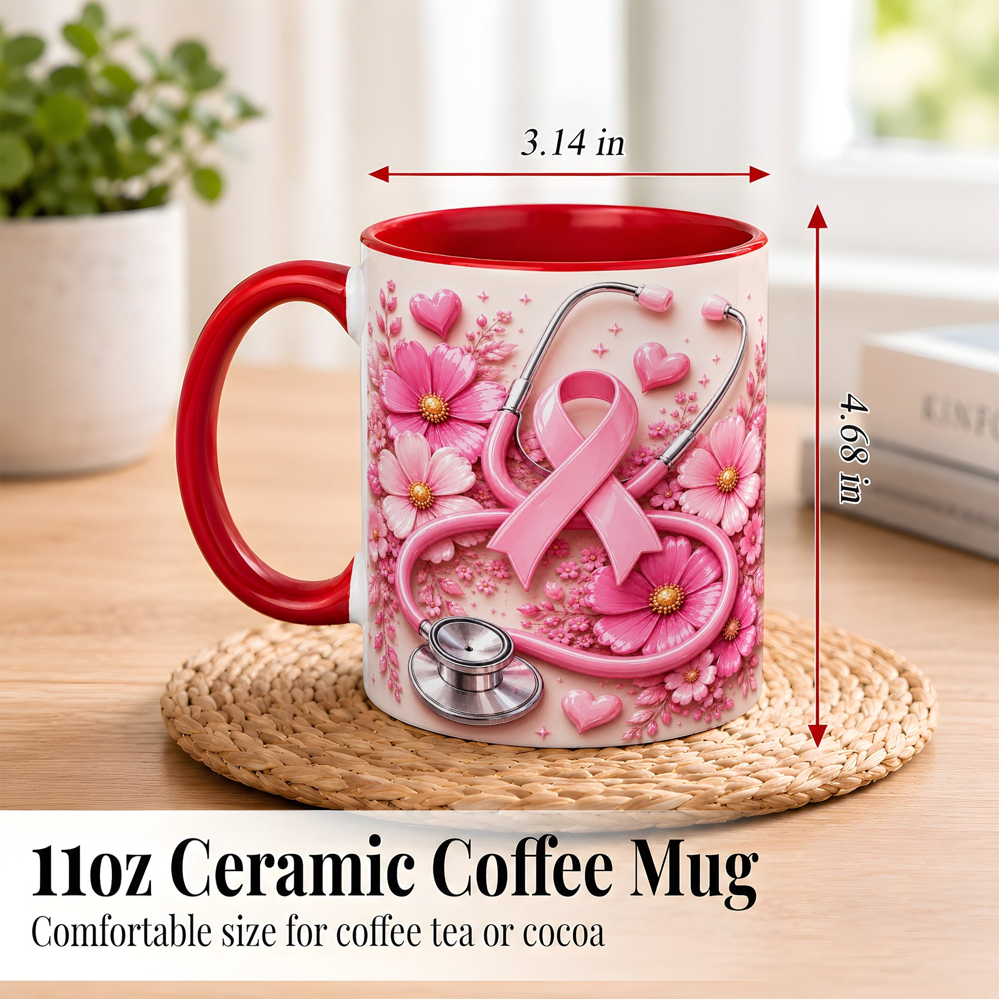 #pl[11oz|Red] Breast Cancer Awareness Coffee Mug, Stethoscope Mug, Ceramic Cup