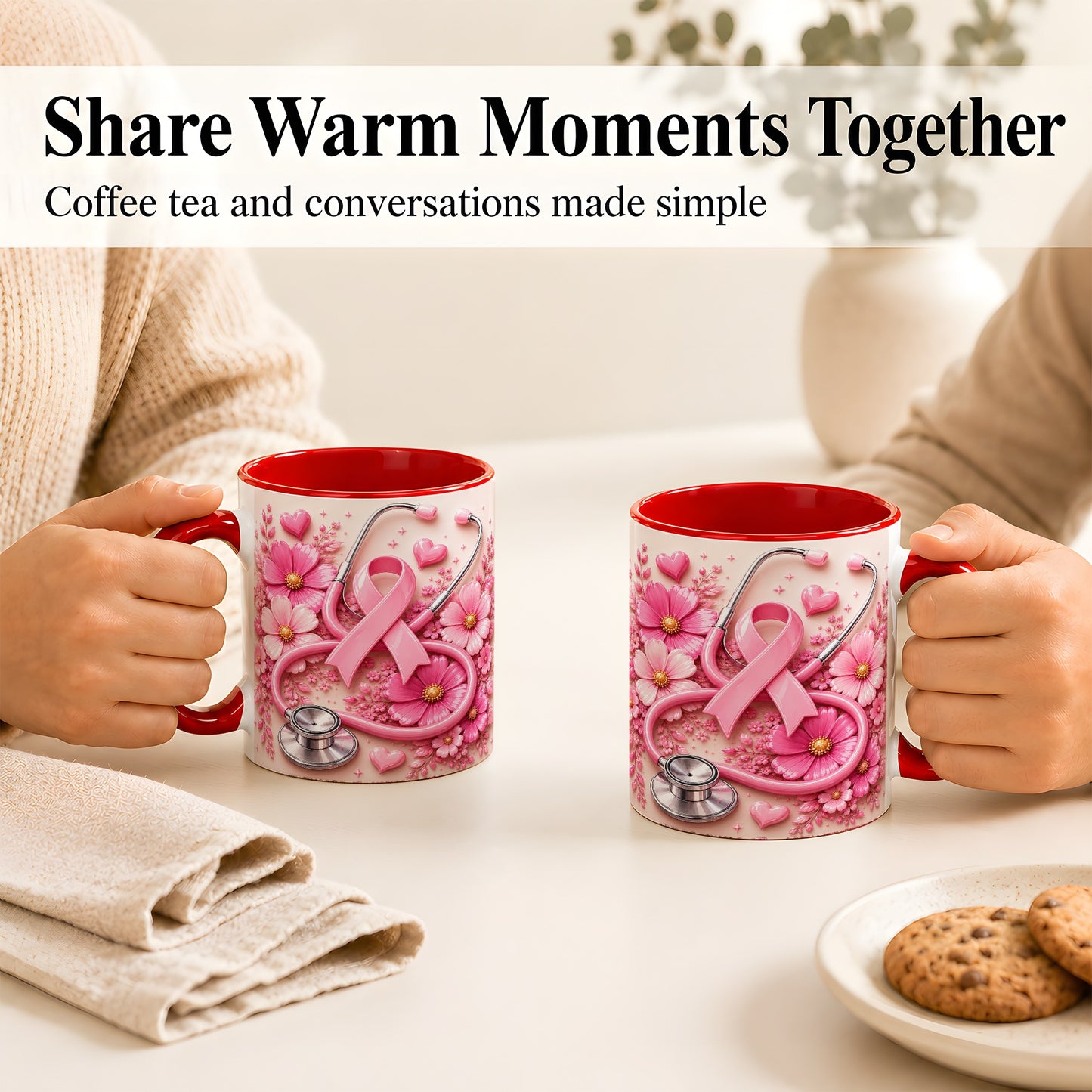#pl[11oz|Red] Breast Cancer Awareness Coffee Mug, Stethoscope Mug, Ceramic Cup
