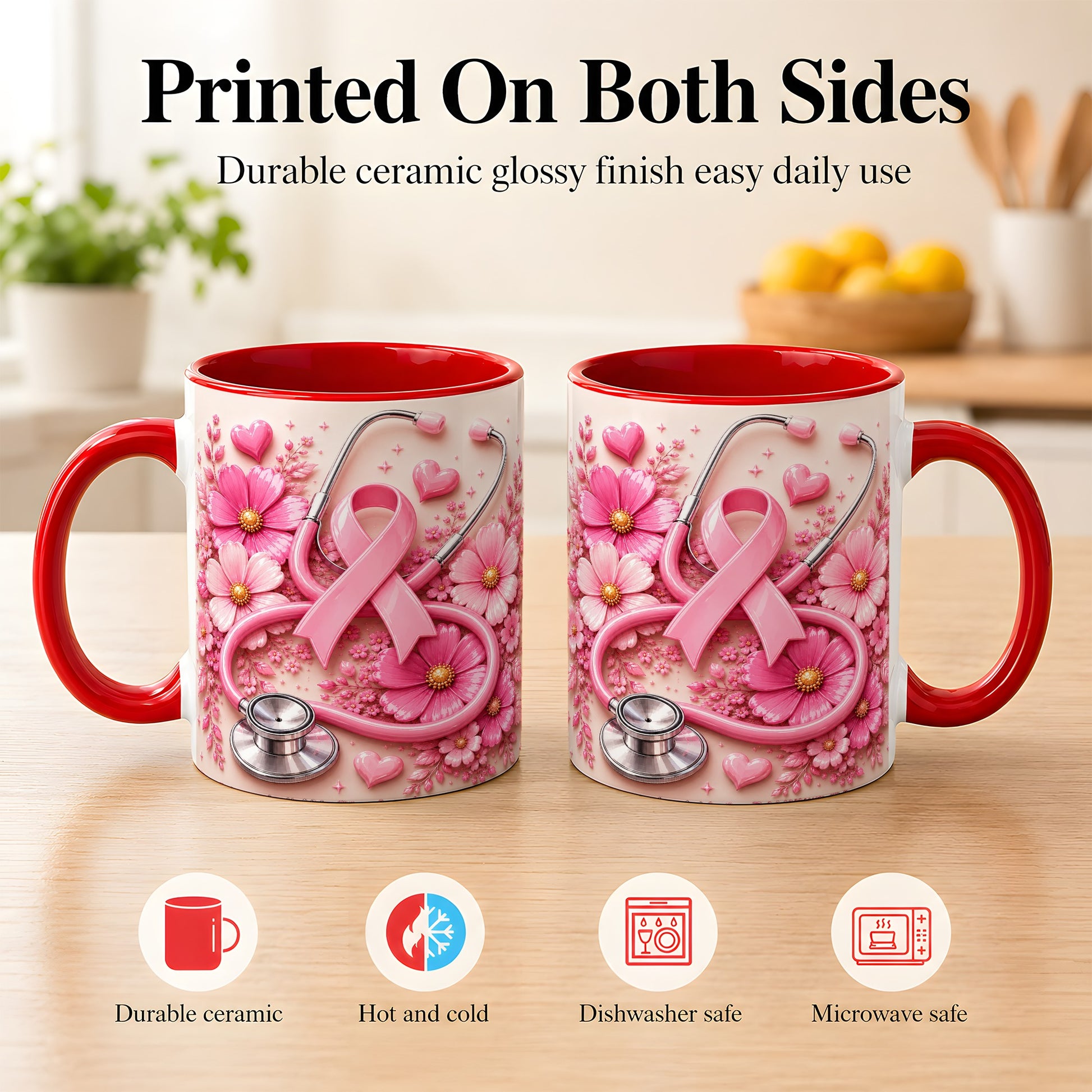 #pl[11oz|Red] Breast Cancer Awareness Coffee Mug, Stethoscope Mug, Ceramic Cup