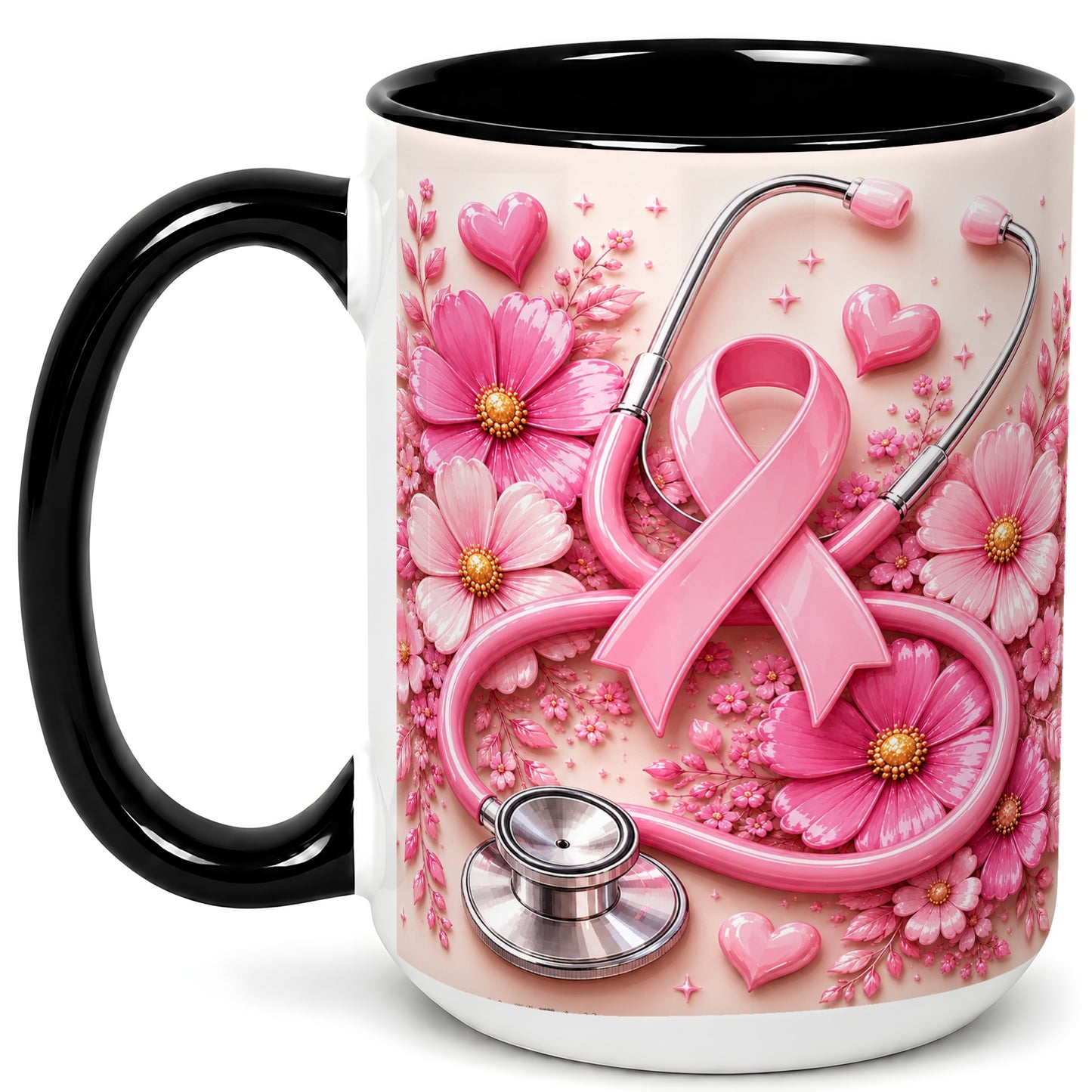 #pl[15oz|Black] Breast Cancer Awareness Coffee Mug, Stethoscope Mug, Ceramic Cup
