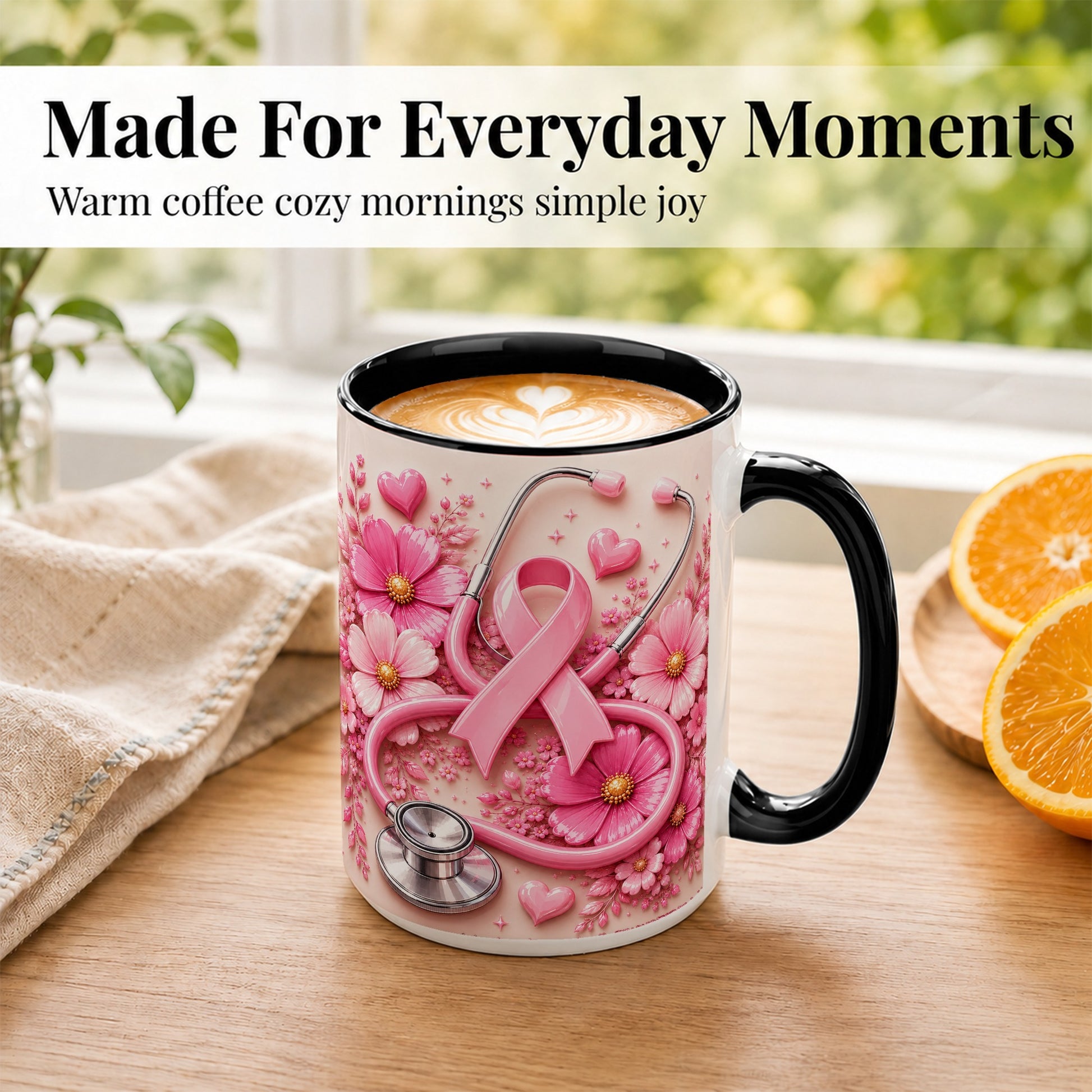 #pl[15oz|Black] Breast Cancer Awareness Coffee Mug, Stethoscope Mug, Ceramic Cup