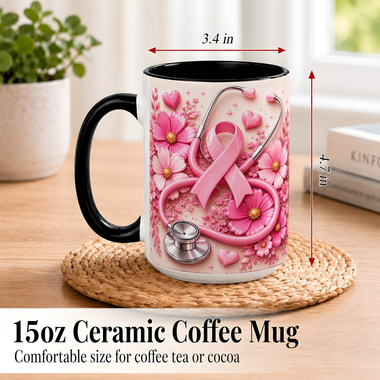 #pl[15oz|Black] Breast Cancer Awareness Coffee Mug, Stethoscope Mug, Ceramic Cup