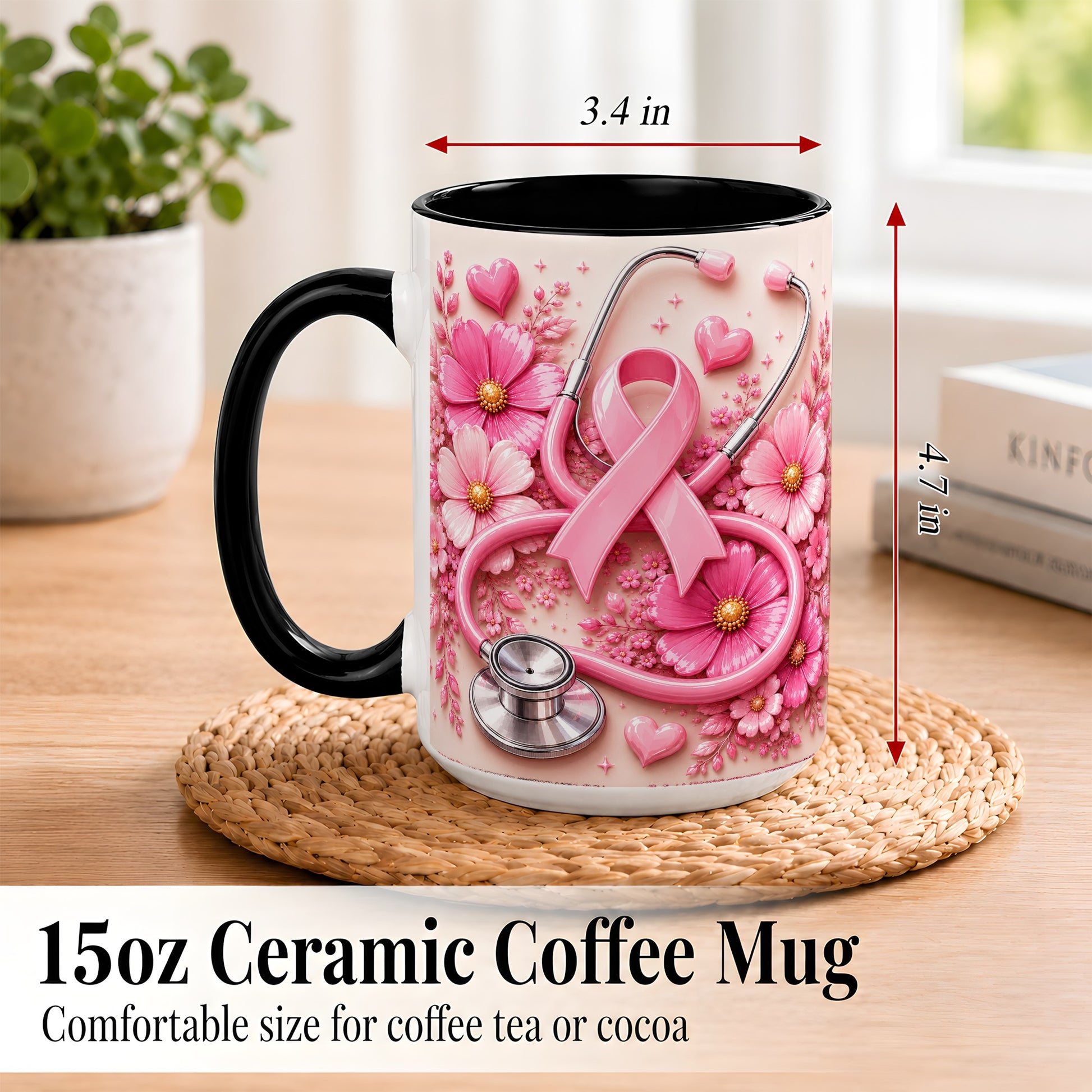 #pl[15oz|Black] Breast Cancer Awareness Coffee Mug, Stethoscope Mug, Ceramic Cup