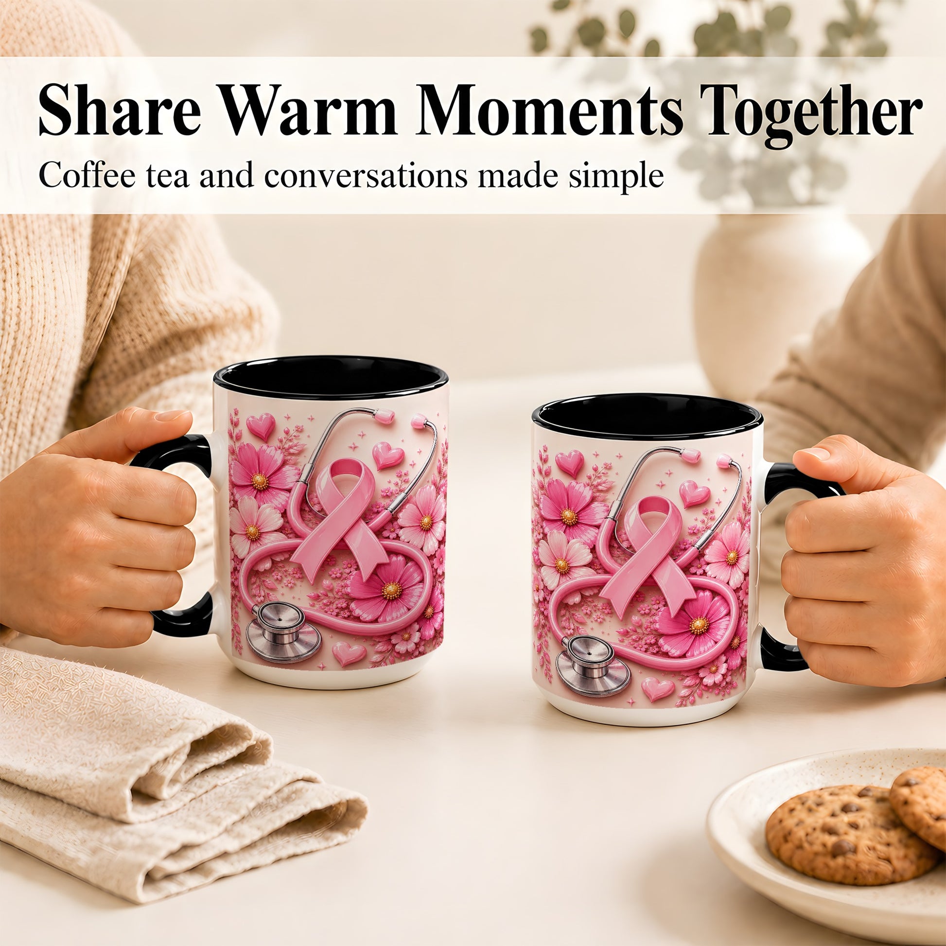 #pl[15oz|Black] Breast Cancer Awareness Coffee Mug, Stethoscope Mug, Ceramic Cup